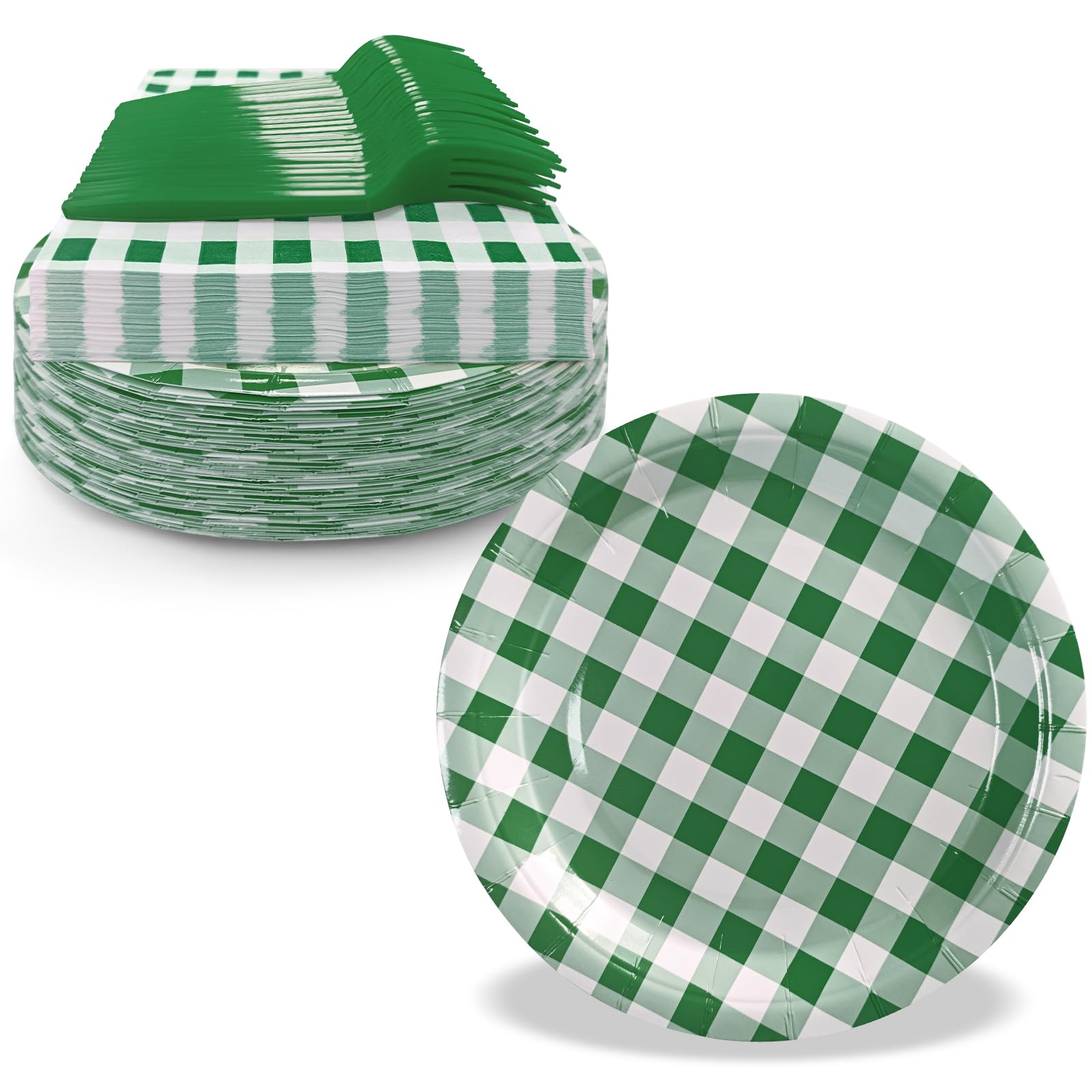 WYQJHKV 105 Pcs Dark Green Gingham Party Supplies Include 7 Inch Disposable Dark Green Dessert Paper Plates and Napkins for Wedd