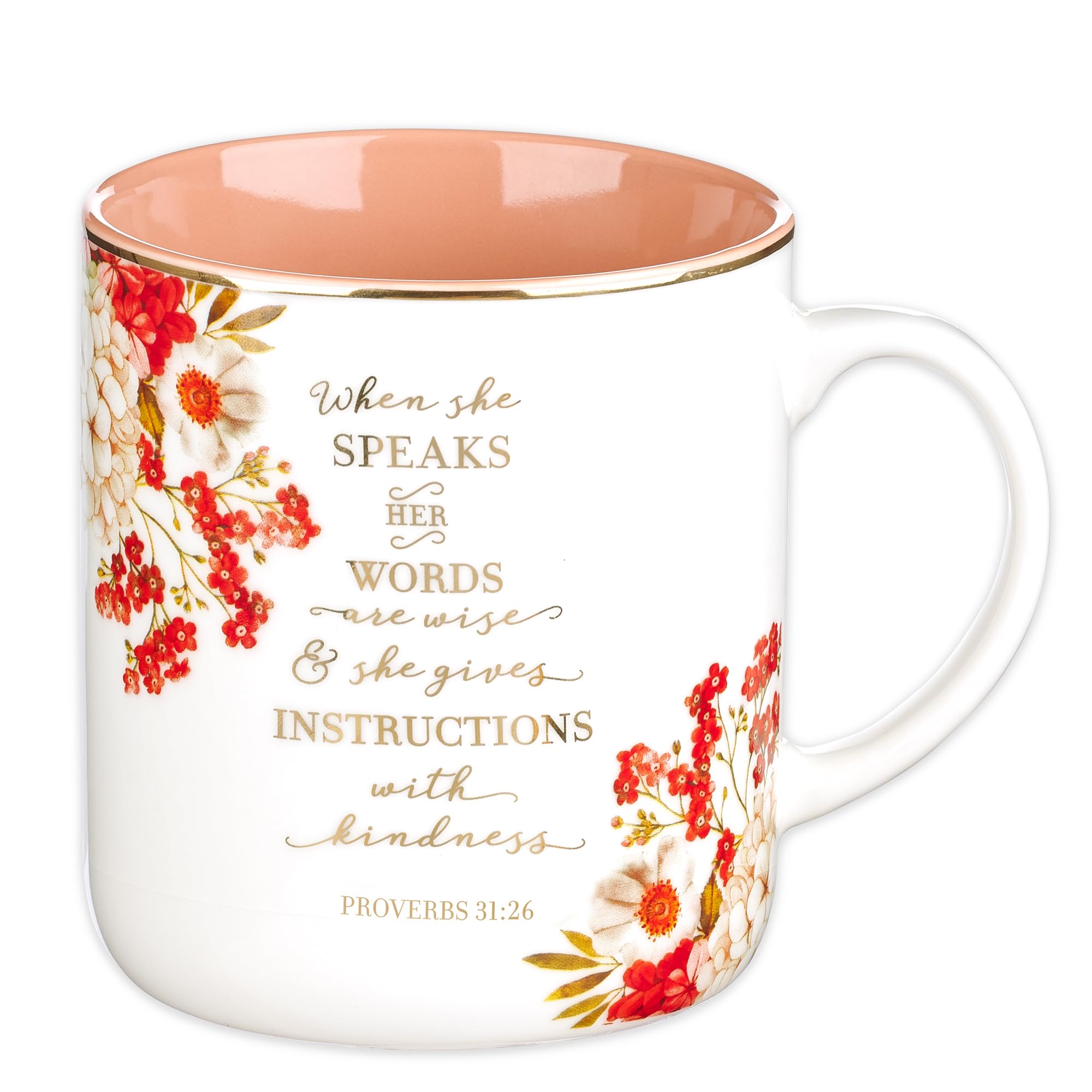 When She Speaks Proverbs 31 Woman Bible Verse Ceramic Coffee/Tea Mug  Pink/Red w/Gold Metallic Floral Christian Coffee Mug for Women  14 oz