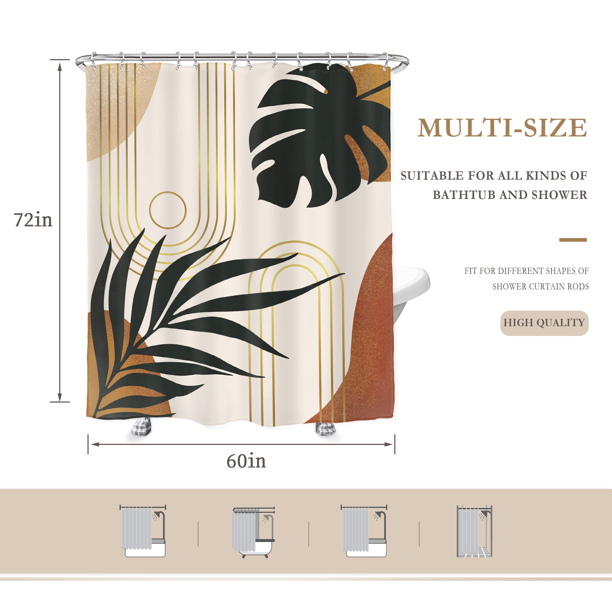 Glawry Boho Mid Century Shower Curtain 60Wx72L Inches Abstract Tropical Palm Leaves Modern Minimalist Plant Botanical Geometric