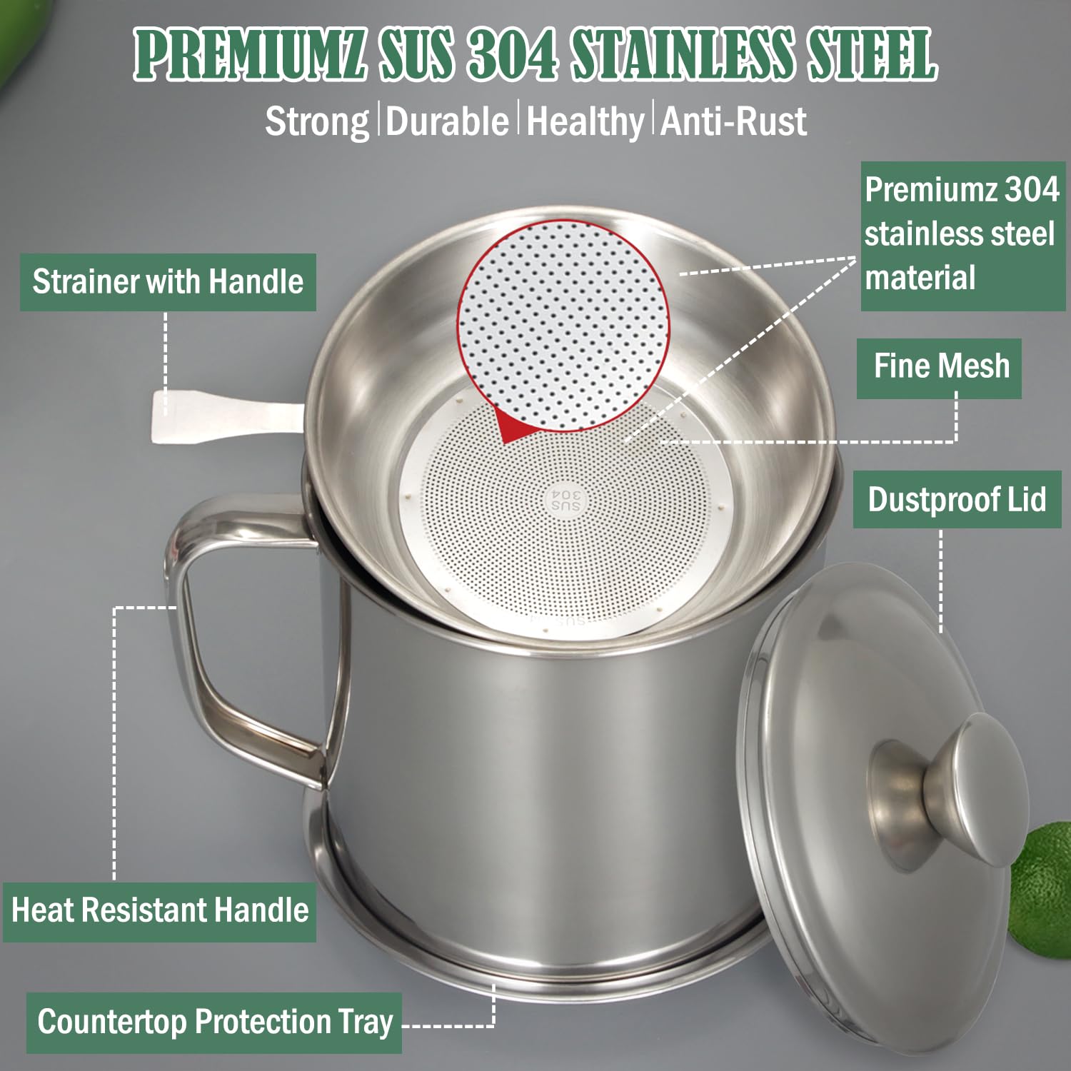 Tellshun Bacon Grease Container With Strainer 1.25 L / 42 Oz Strong Kitchen Catcher Food-Grade Stainless Steel Cooking Oil Keepe