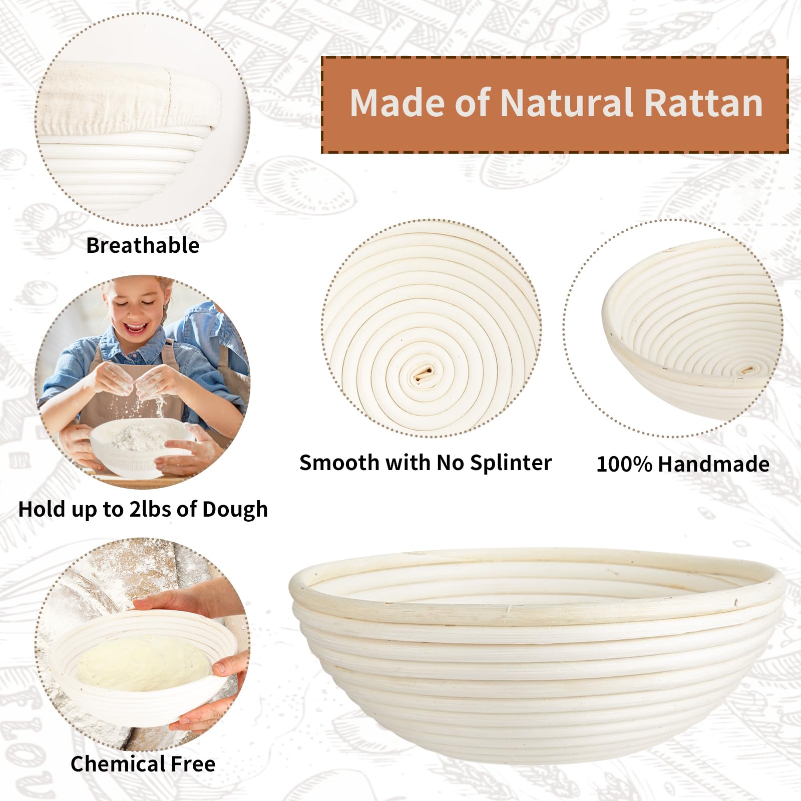 Banneton Bread Proofing Basket Set Of 2, 10'' Round & 10'' Oval Sourdough Baskets With Linen Liners, Bread Lame, Scrapers, Danis