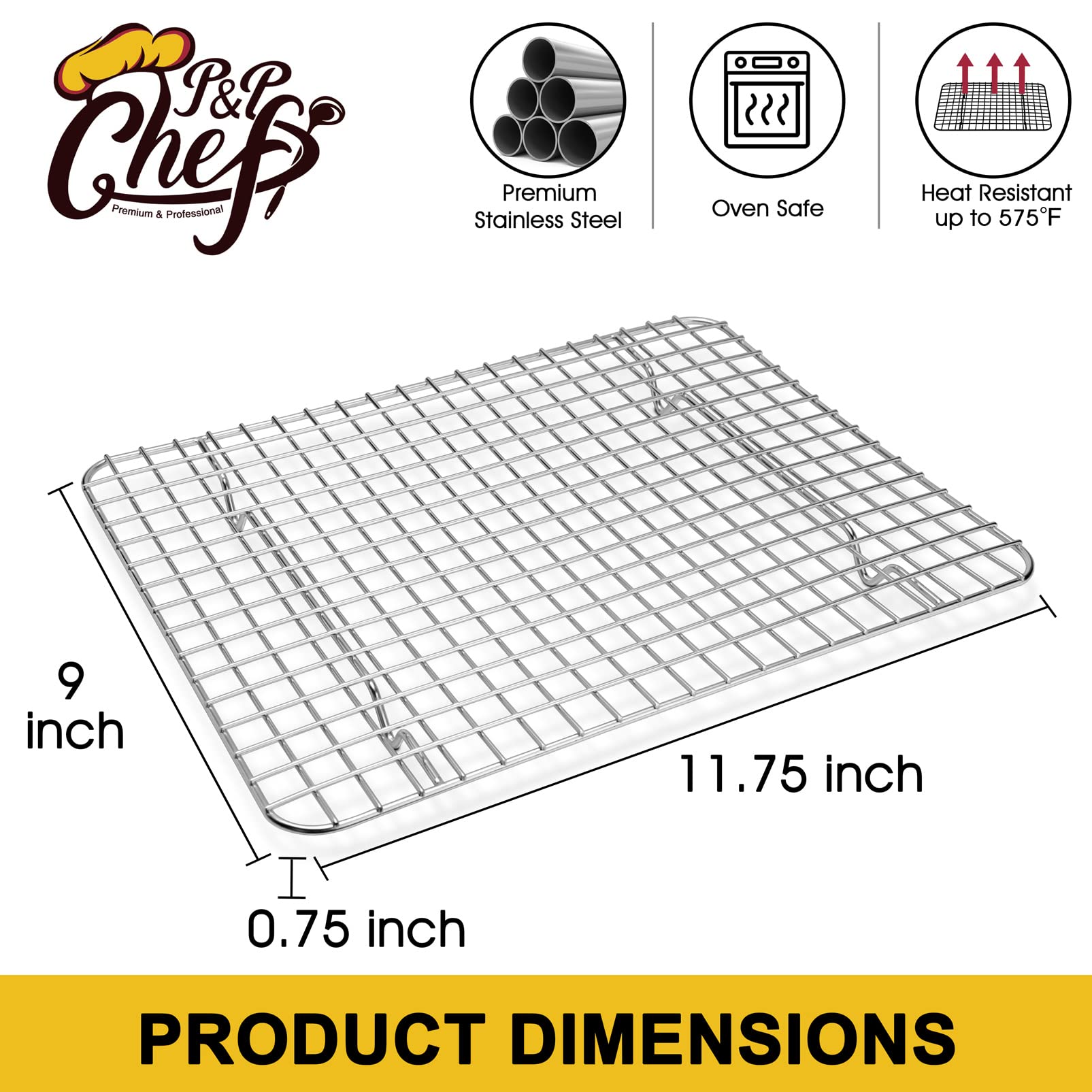 P&P Chef Cooling Racks Set Of 2, Stainless Steel Grid Wire Rack For Cooking Roasting Drying, 11.75'' X 9'' X 0.75'', Oven & Dish