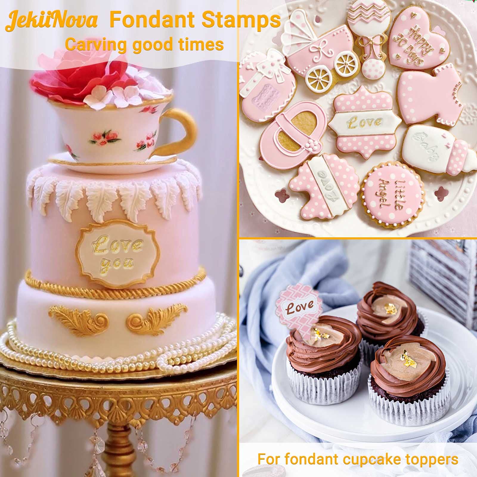 4 PCS Alphabet Letter Fondant Stamps for Biscuit Cake Cookie  Upgraded Food Grade Alphabet Cake Stamp Tool Uppercase Extra Spare Lowercase Numbers Phrases for Christmas Party Reusable Cookie Stamp