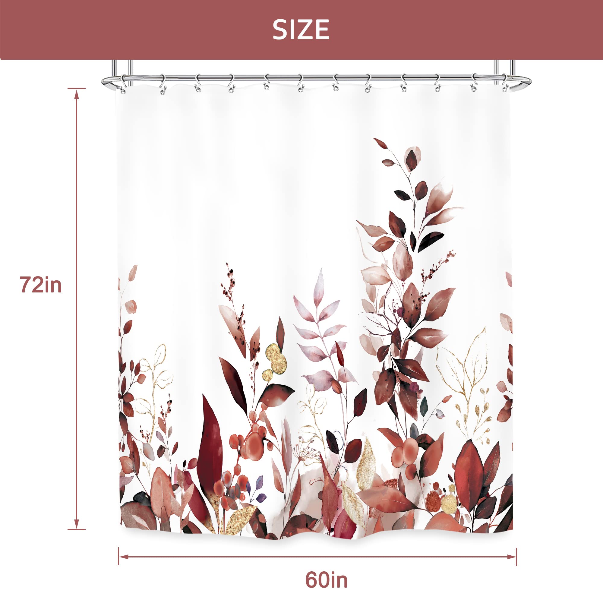 Glawry Burgundy Shower Curtain 60Wx72L Inches Watercolor Floral Leaves Botanical Plants Leaf Eucalyptus Bathroom Modern Maroon B