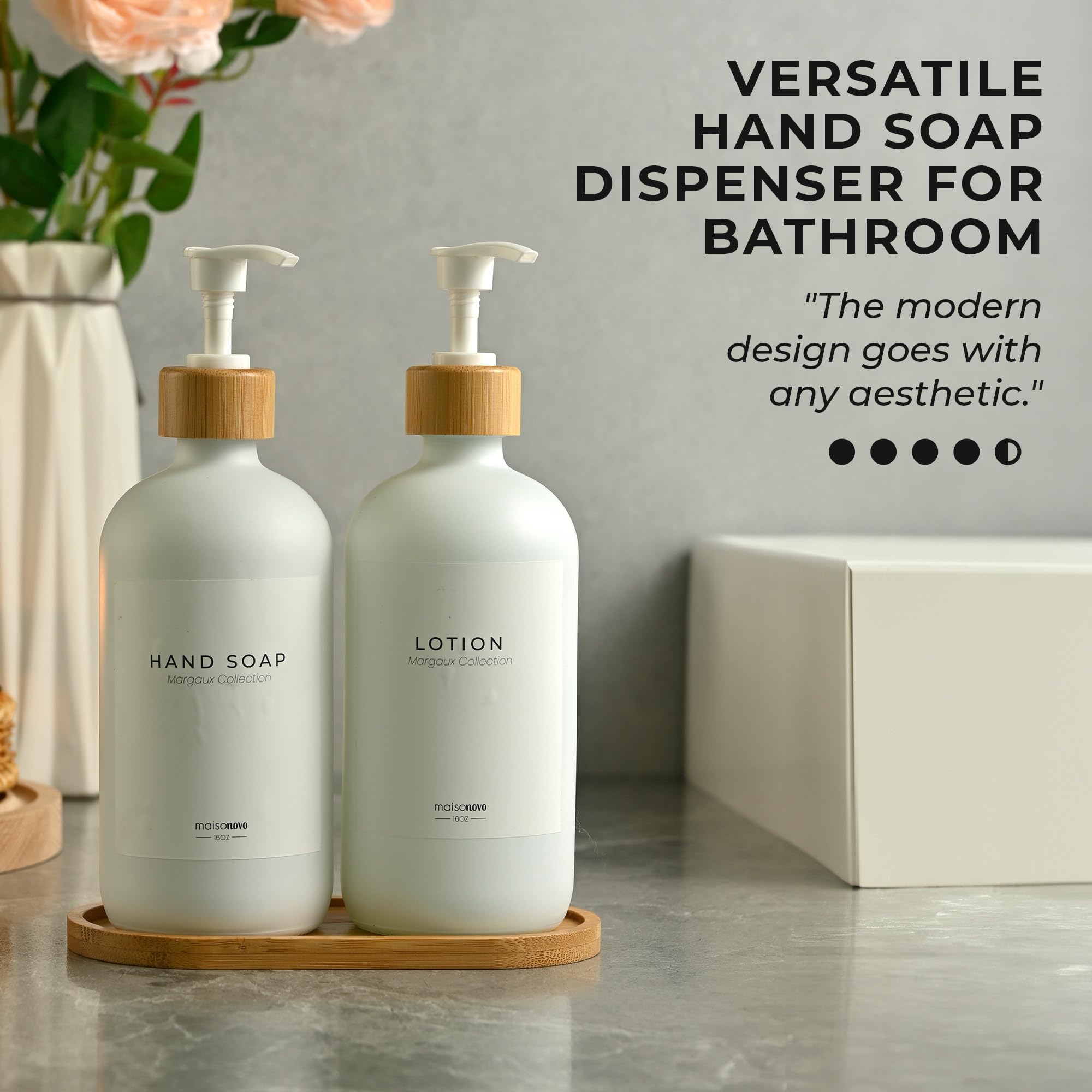 Maisonovo Kitchen Soap Dispenser Set - Glass Soap Dispenser With Pump - White Bamboo White Pump 16.9 Fl Oz - Bathroom Soap Dispe