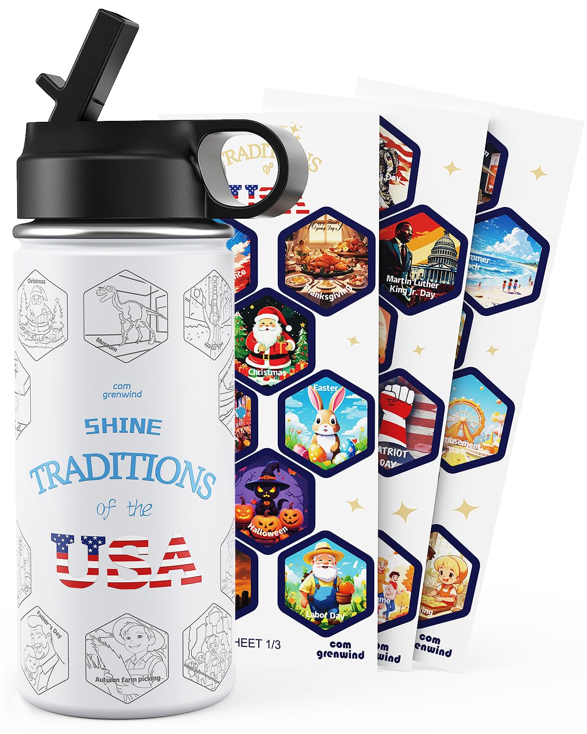 Kids Water Bottle 16 oz with Straw Lid  Stainless Steel Insulated LeakProof Vacuum Bottle for Boys and Girls  Includes Holida