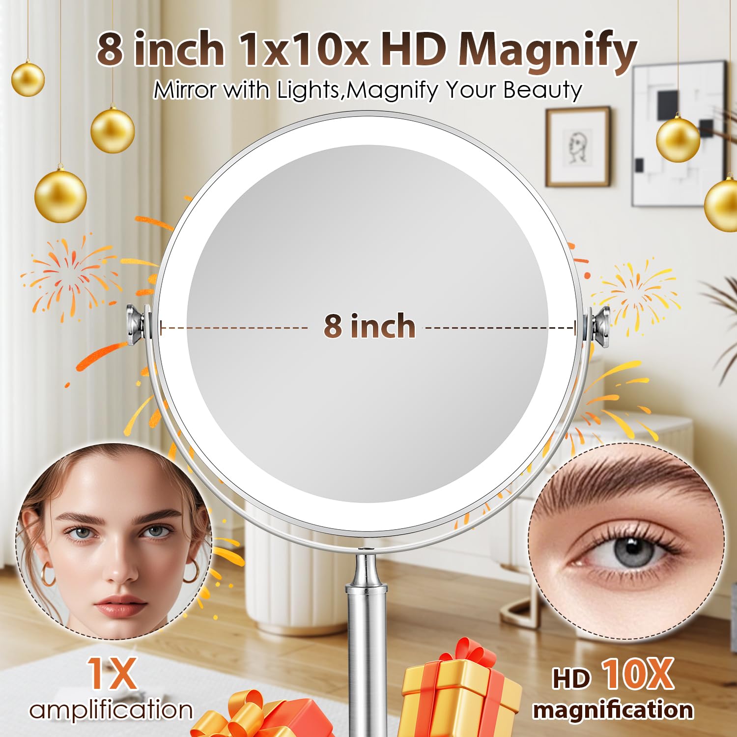 10X Large Lighted Makeup Mirror, Rechargeable 8'' Vanity Mirror With 3 Colors Dimmable Light,1X/10X Double Sided Hd Undistorted
