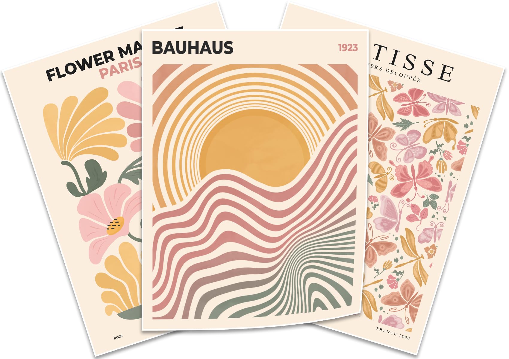 Bingruiart Flower Market Canvas Yellow Wall Art Set Of 3 Framed Matisse Bauhaus Poster Print Boho Pictures Abstract Butterfly Fl