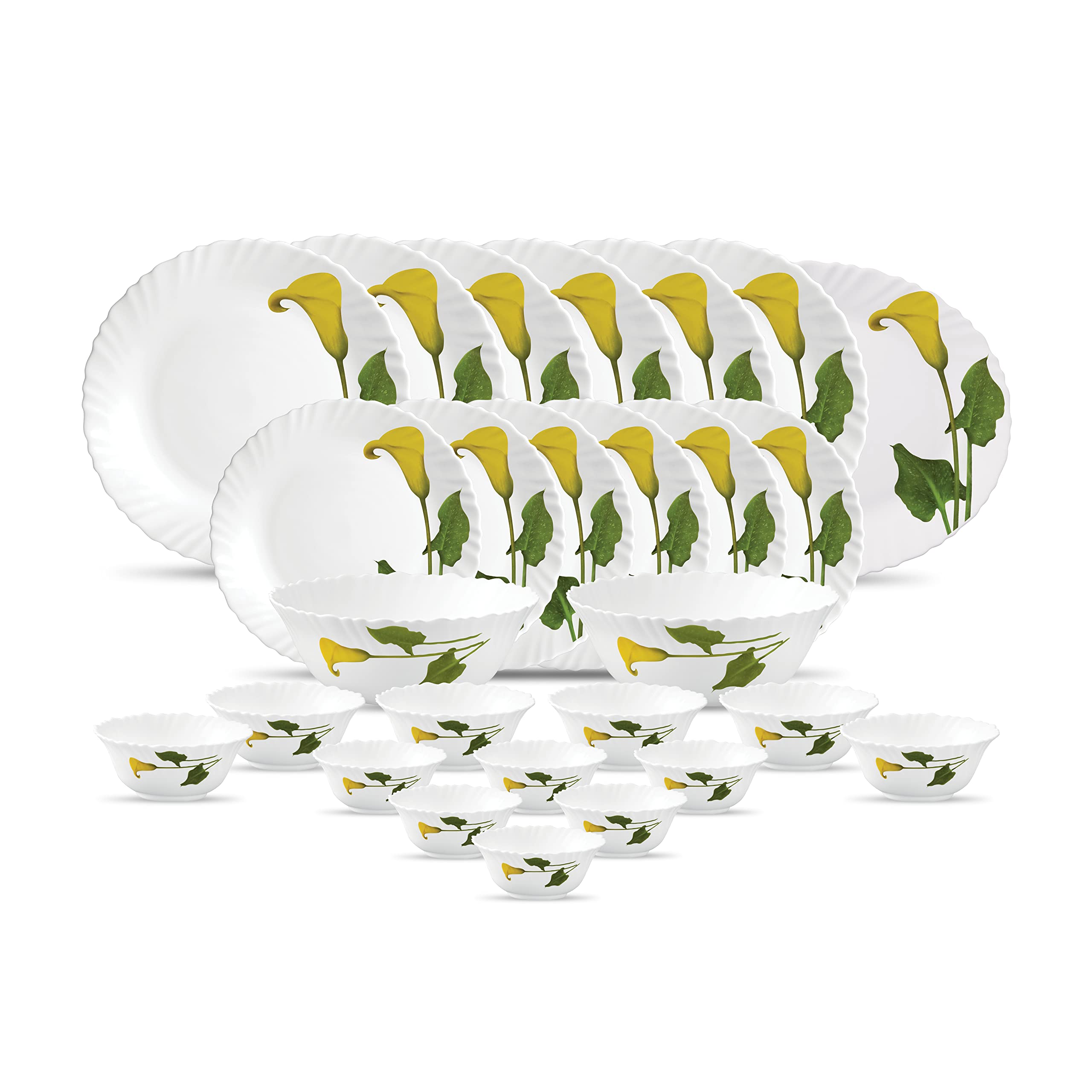 La Opala Diva Classique Collection Opal Glass Crockery | For Family Of 6 | Dinner Set 27 Pcs Amber Lily | Plates & Bowls For Din