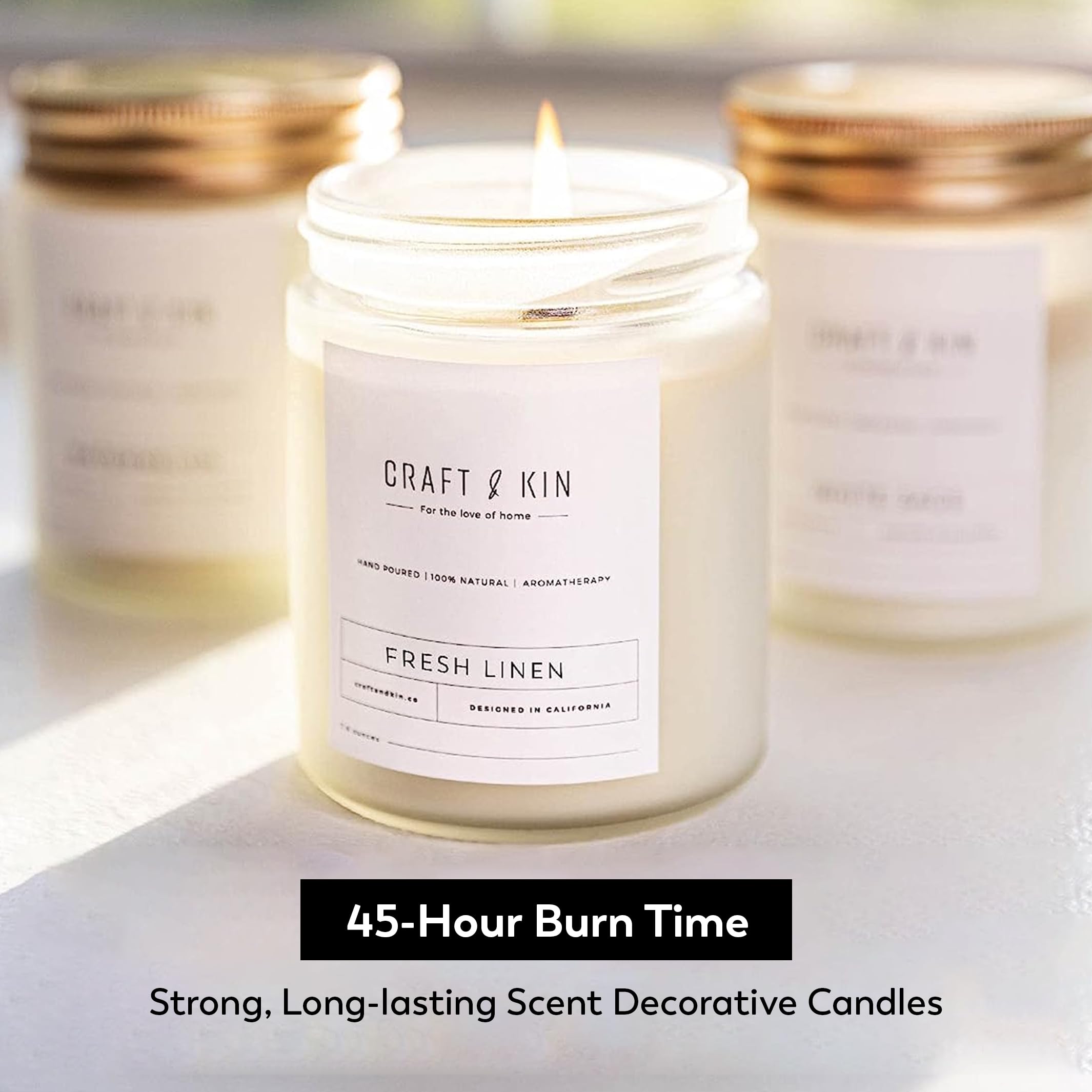 Craft & Kin Fresh Linen Scented Candle | 8 Oz 45 Hour Long Lasting | Classic Soy Candles Wood Wick | Made with Natural Soy | Gif