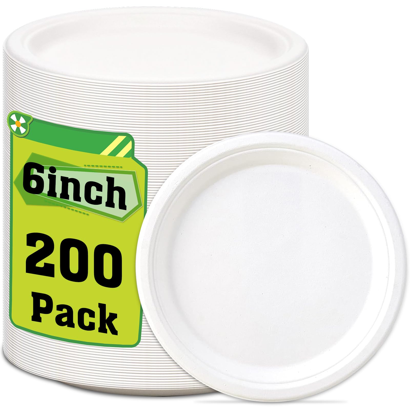 Small Paper Plates 6 inch - 200 Pack Dessert Plates - Compostable Heavy duty Sugarcane/Bagasse Disposable White Paper plates for