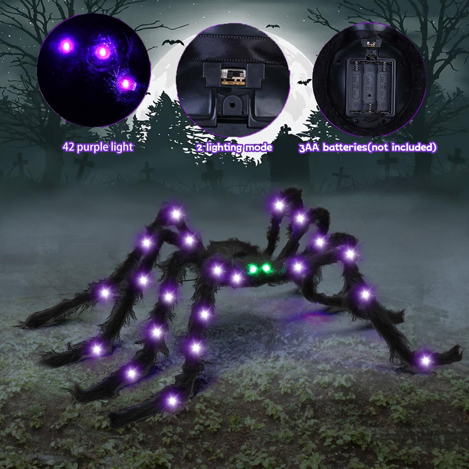 BEIGUO 6.6Ft Halloween Light Up Giant Spider,Scary Large Hairy Spider with Green Lighted Eyes for Yard Lawn Halloween Outdoor De