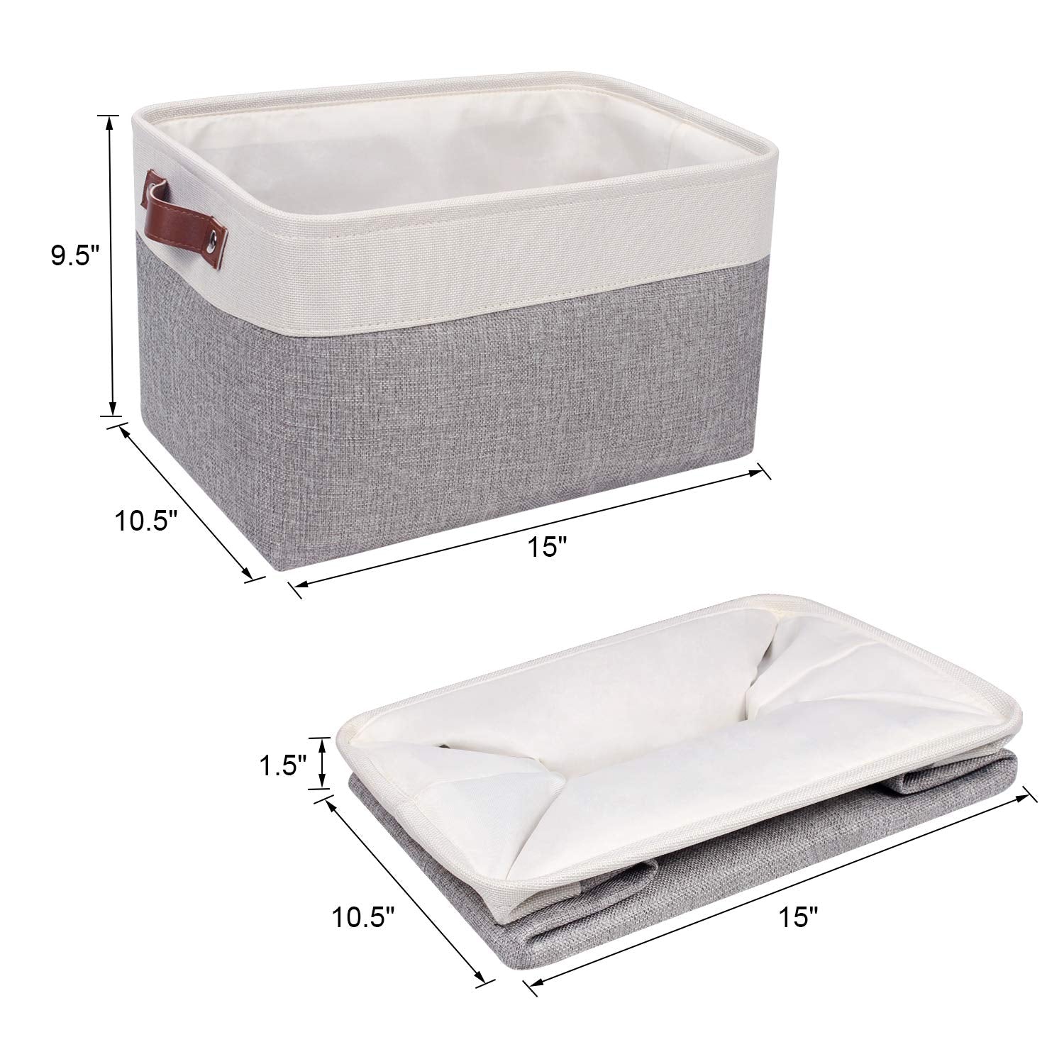 Univivi 15 Inch Large Storage Baskets 4Pc Gray Hard Bottom Foldable Storage Bins With Pu Handles For Shelf Rectangle Fabric Bask