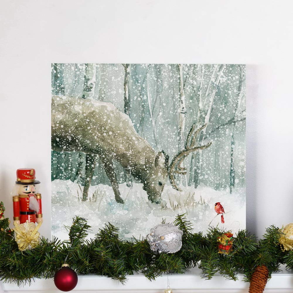 Renditions Gallery Reindeer and Cardinal Wall Art  Cute Christmas Artwork  Snowy Winter Forest  Scenic Nature  Premium Gallery Wrapped Canvas Decor  Ready to Hang  16 in H x 16 in W  Made in America (WC07-40628-1616)