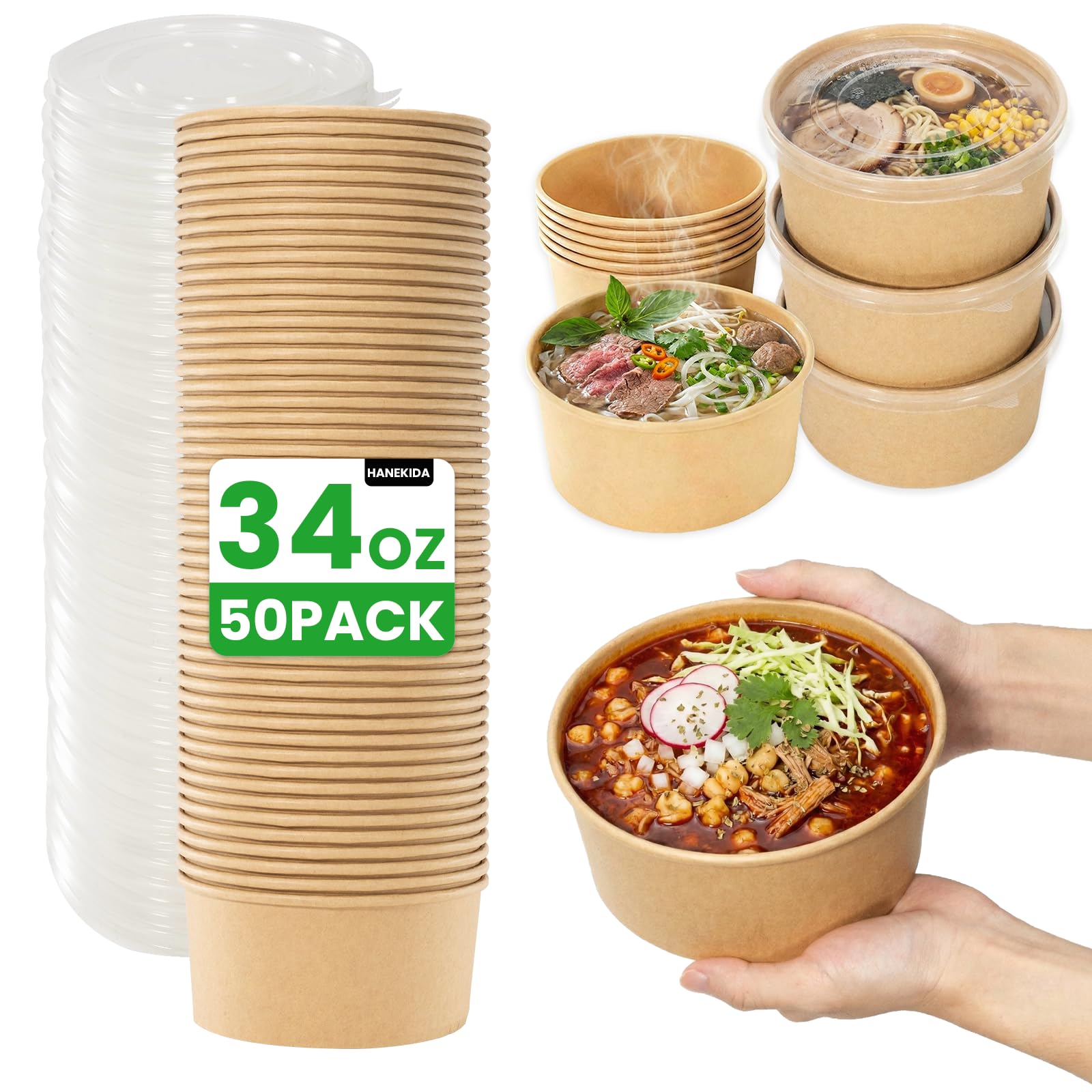 34 oz Paper Bowls with Lids, 50 Count Disposable Meal Prep Containers