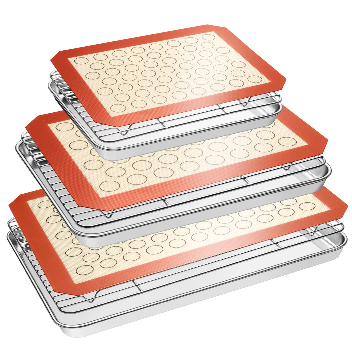 Ewfen Baking Set: Stainless Steel Sheet Pan With Cooling Rack & Silicone Mat Set, Multi-Size (3 Sheets + 3 Racks + 3 Mats), Warp