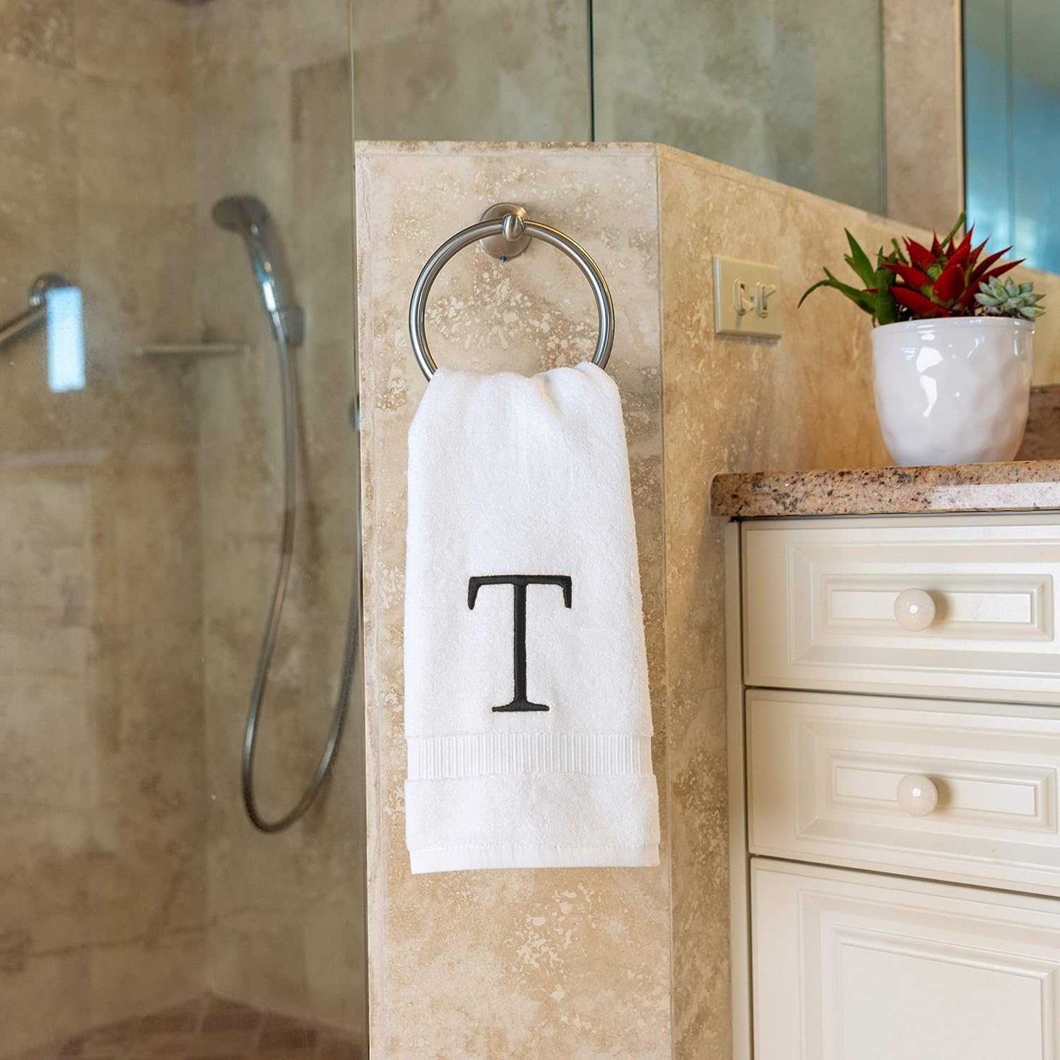 Dark Gray And White Bathroom Hand Towel - Monogrammed Luxury Hotel Quality Decorative Embroidered Towel For Powder Room, Spa - G
