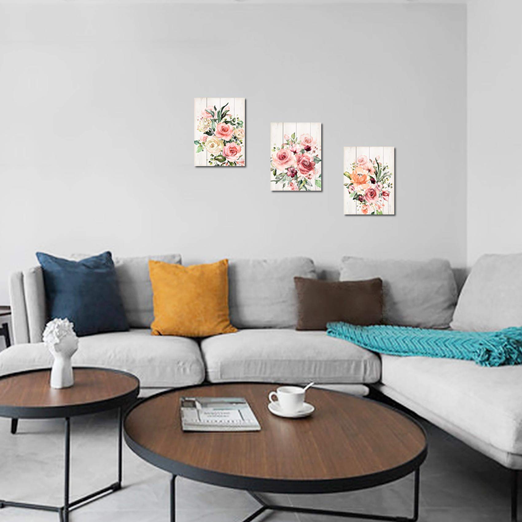 Pink Flower Home Decor Bathroom Wall Art Canvas Framed Wall Art for Girls Bedroom Bathroom Pictures Wood Grain Kitchen Modern Wall Decor Colorful Artwork for Walls Decoration Size 12x16 Each Panel
