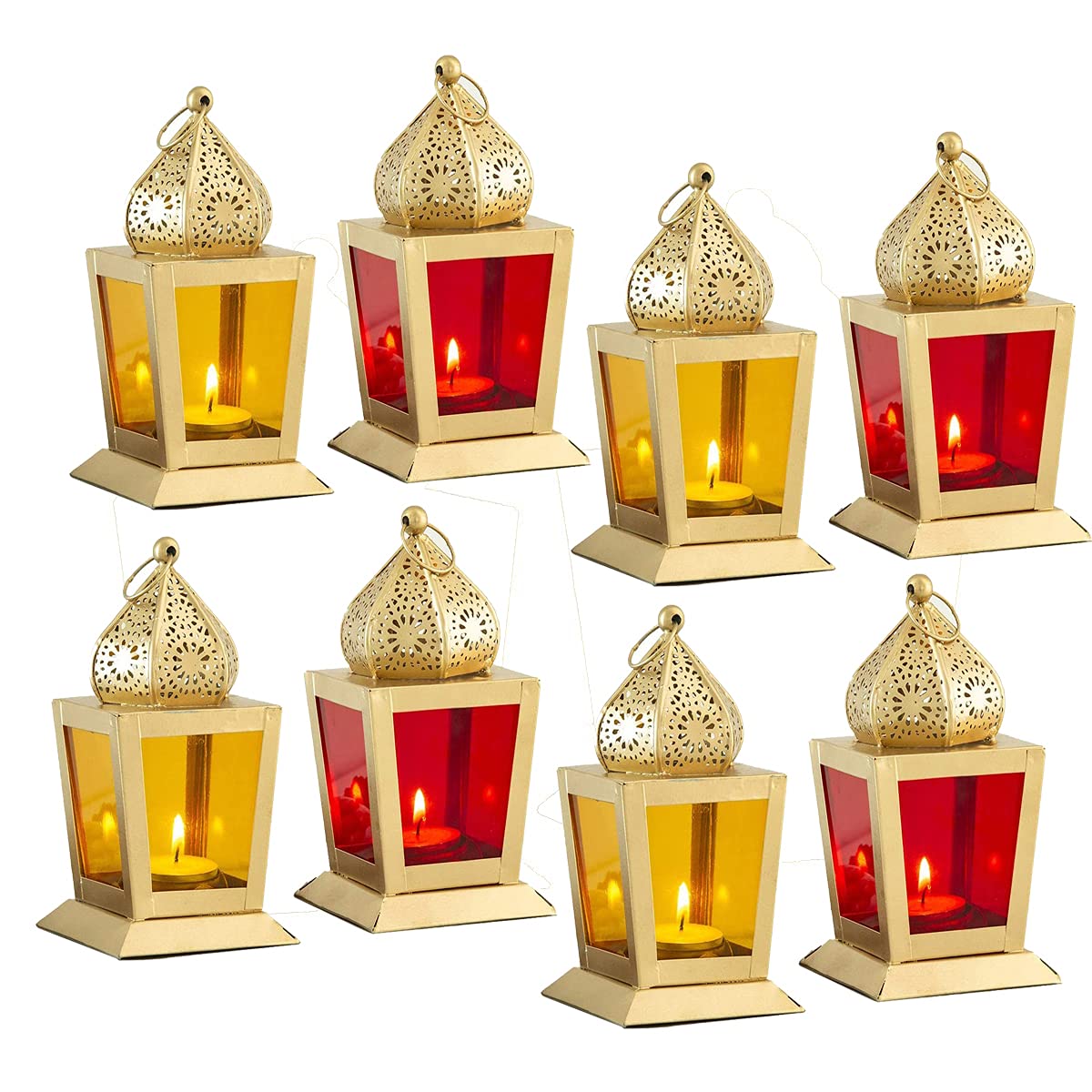 Imrab Creations Moroccan Square Hanging Lantern Lamp with Tealight Candle Holder (Red&Yellow, Set of 8, Combo)