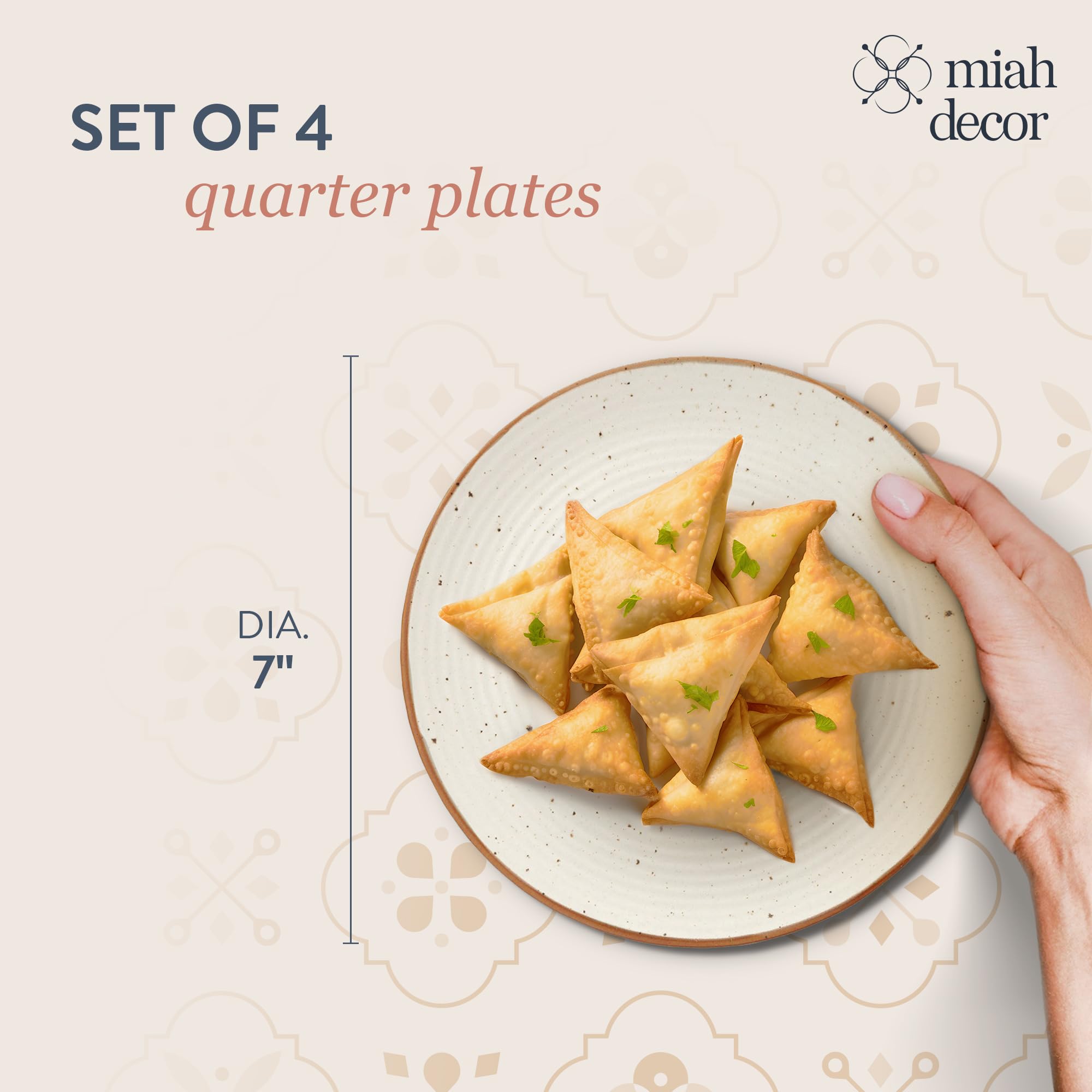 Miah Decor Ceramic Quarter Plates Snack Plates Set Of 4 Handcrafted Stoneware Off-White With Brown Rim & Grains Serving Platter