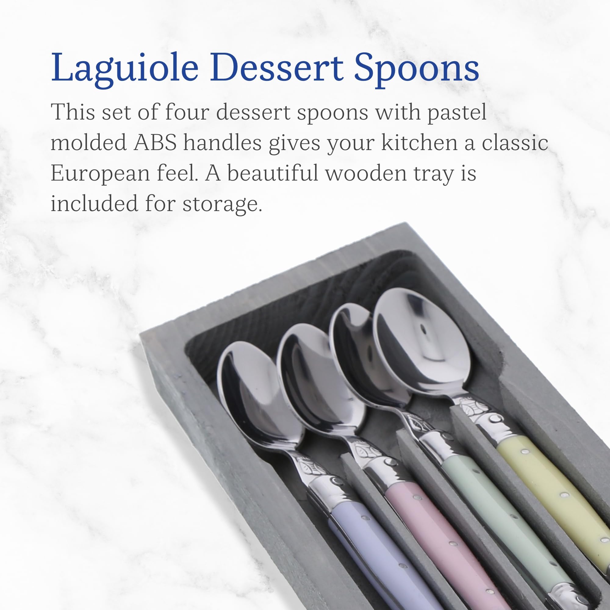 Jean Dubost Laguiole 4-Piece Coffee/Dessert Spoons, Pastel Handles - Rust-Resistant Stainless Steel - Includes Wooden Tray - Mad