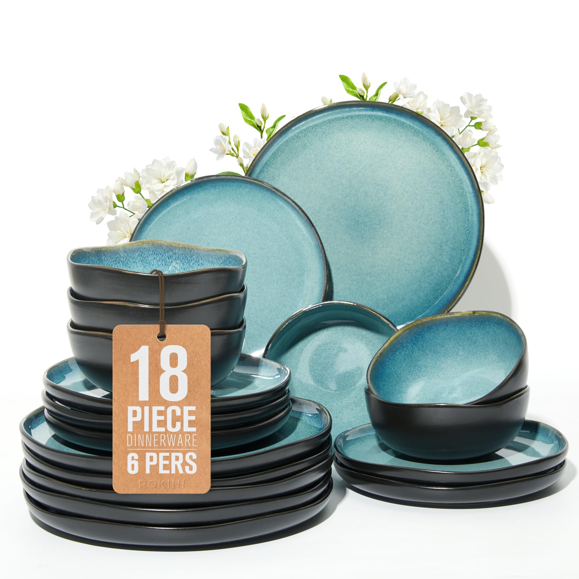 Pokini 18 Piece Dinnerware Sets for 6, Green Black Reactive Glaze Stoneware | Irregular Artisan Style for Family Dinners, Weeken