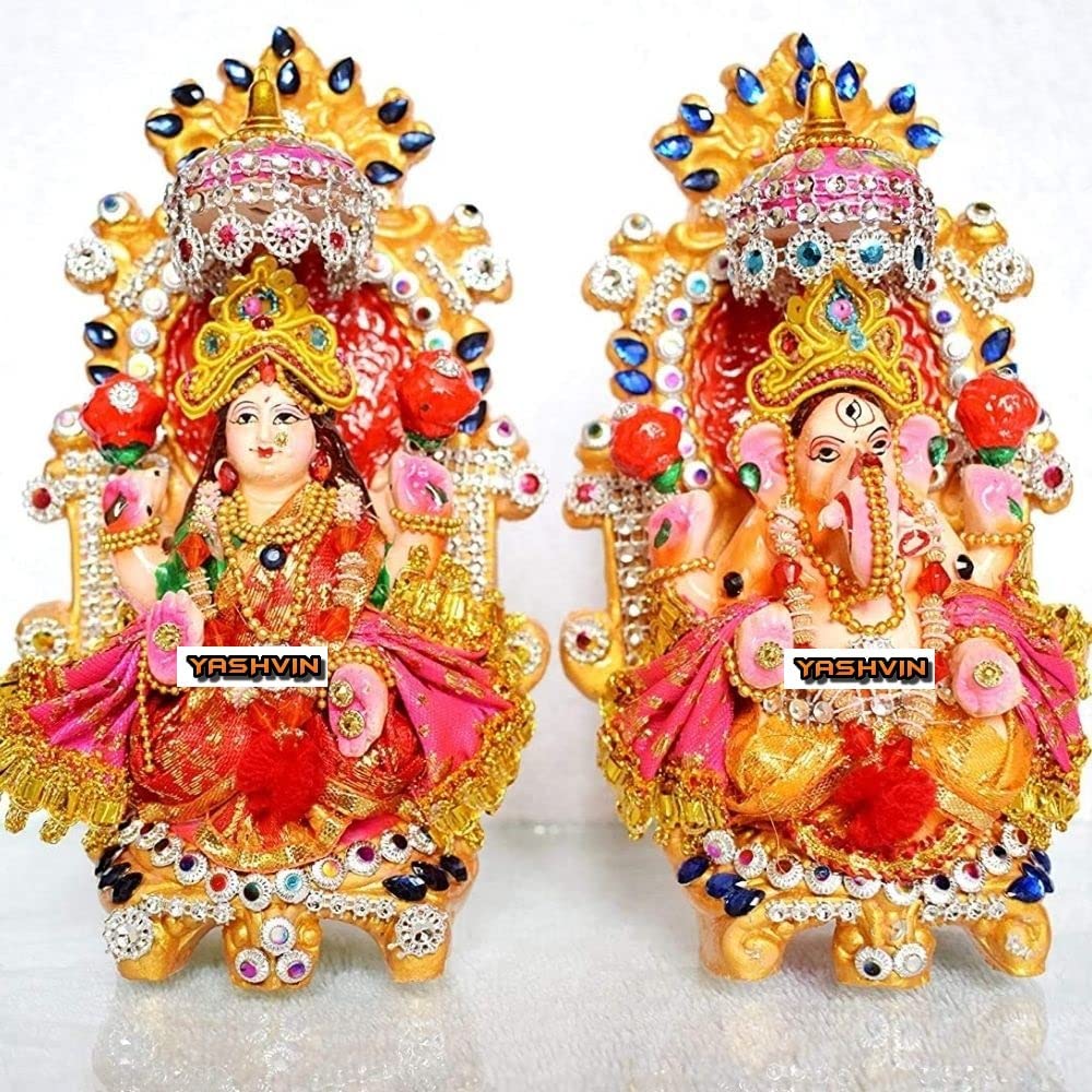 Yashvin @ Diwali Gifts Singhasan Vastra Laxmi Ganesh Murti For Home, Handmade Colourful Lakshmi Ganesha Murti For Office Diwali 