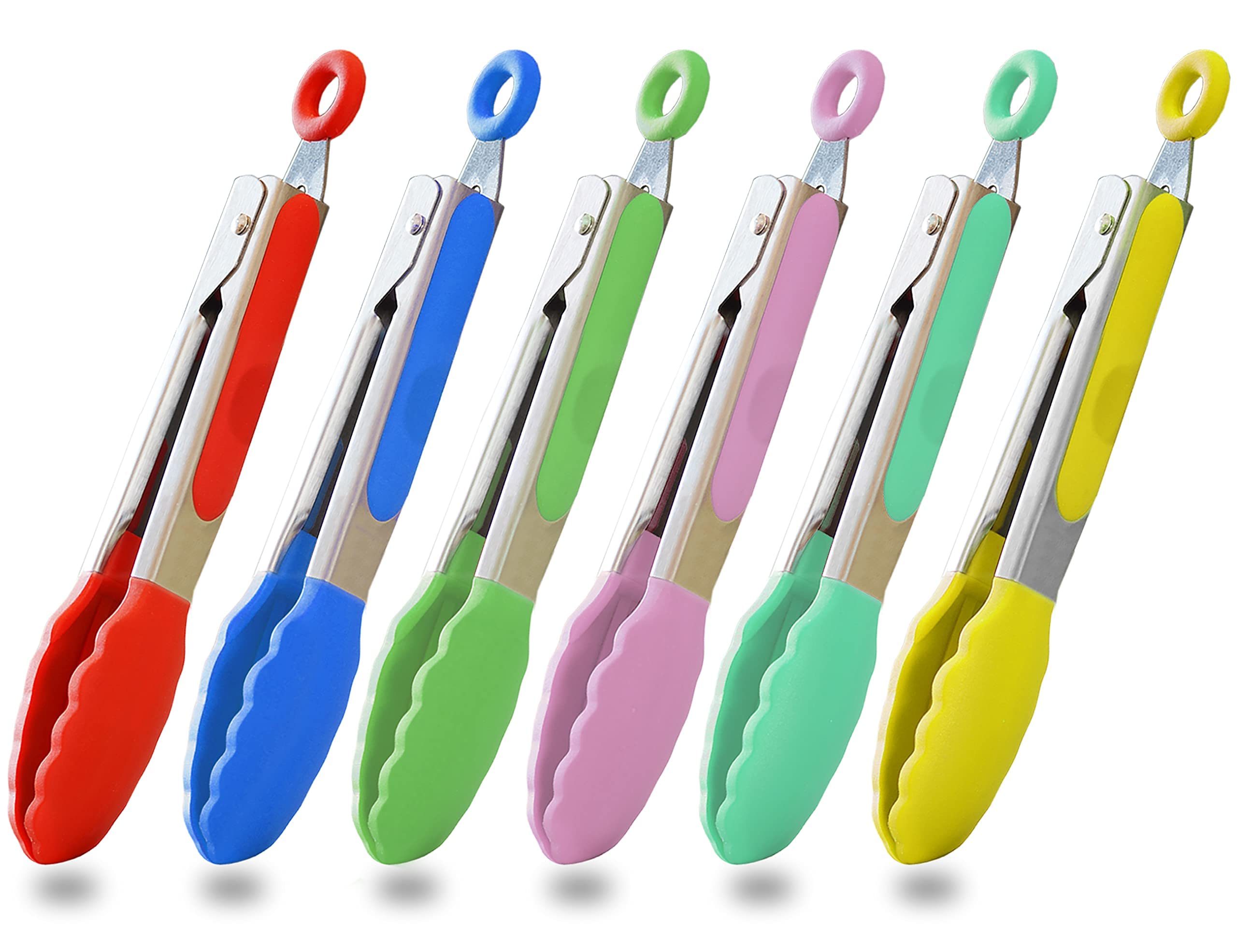 Hinmay Small Tongs Set 7-Inch Mini Tongs With Silicone Tips, Set Of 6 (Red Blue Green Pink Mint Yellow)