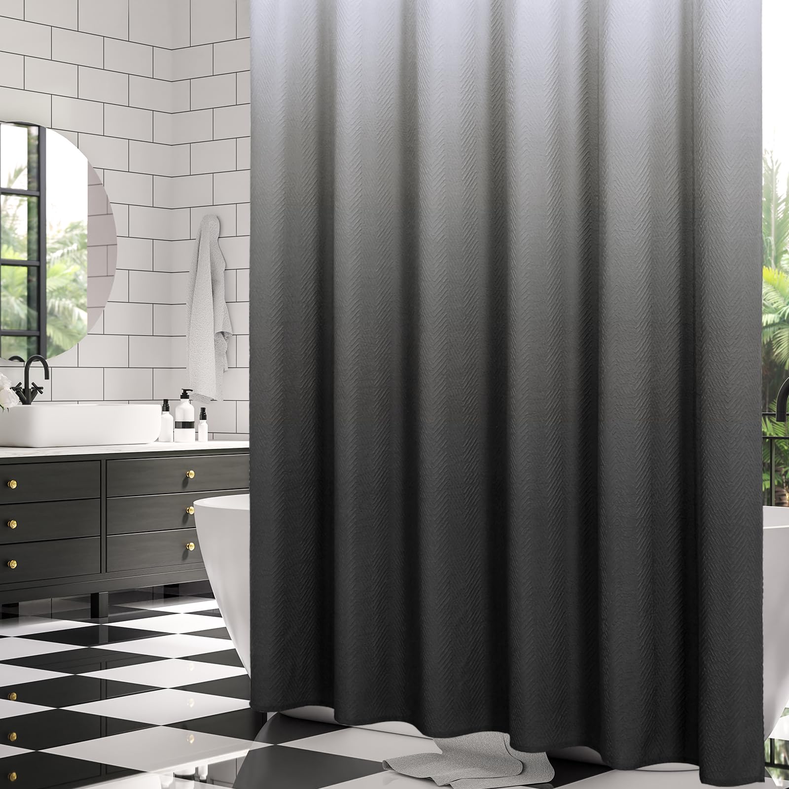 Gibelle Ombre Black Shower Curtain, 3D Embossed Textured Herringbone Fabric Shower Curtain, Modern Farmhouse Bathroom Decor Soft