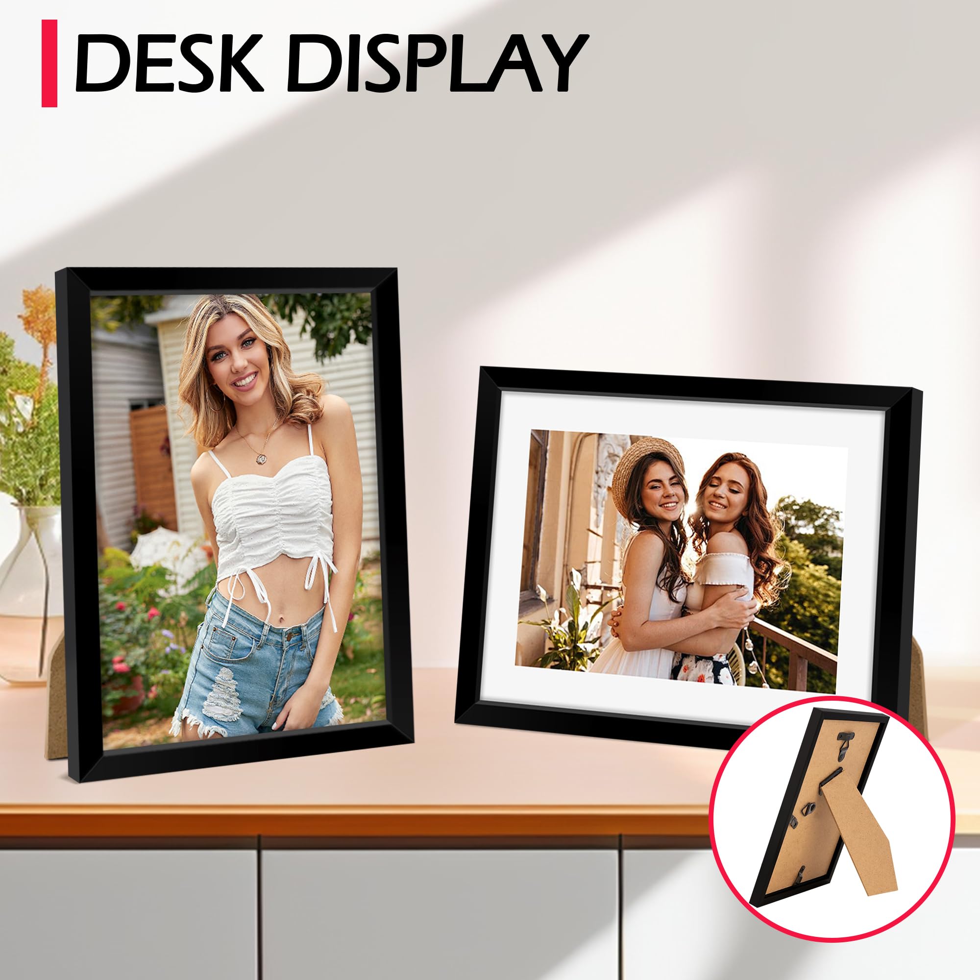 HOMERHYME 8x10 Picture Frame, Set of 2 Black Photo Frame for Tabletop or Wall Display, Fits Pictures 5x7 with Mat or 8x10 Withou