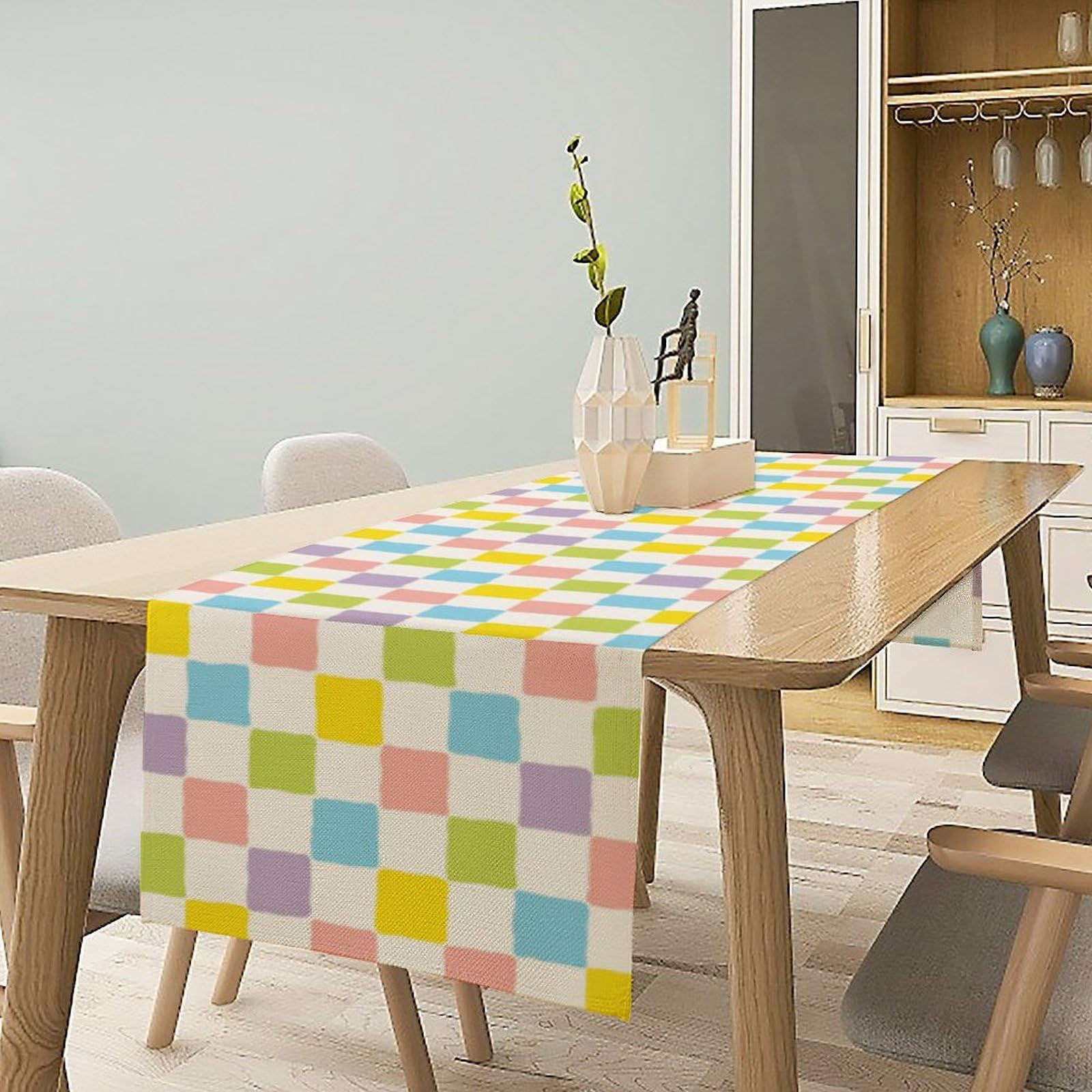 Colourful Hippie Table Runner Green Blue Purple Pink Modern Geometric Square Home Dinner Runner for Living Room Kitchen Party Ho