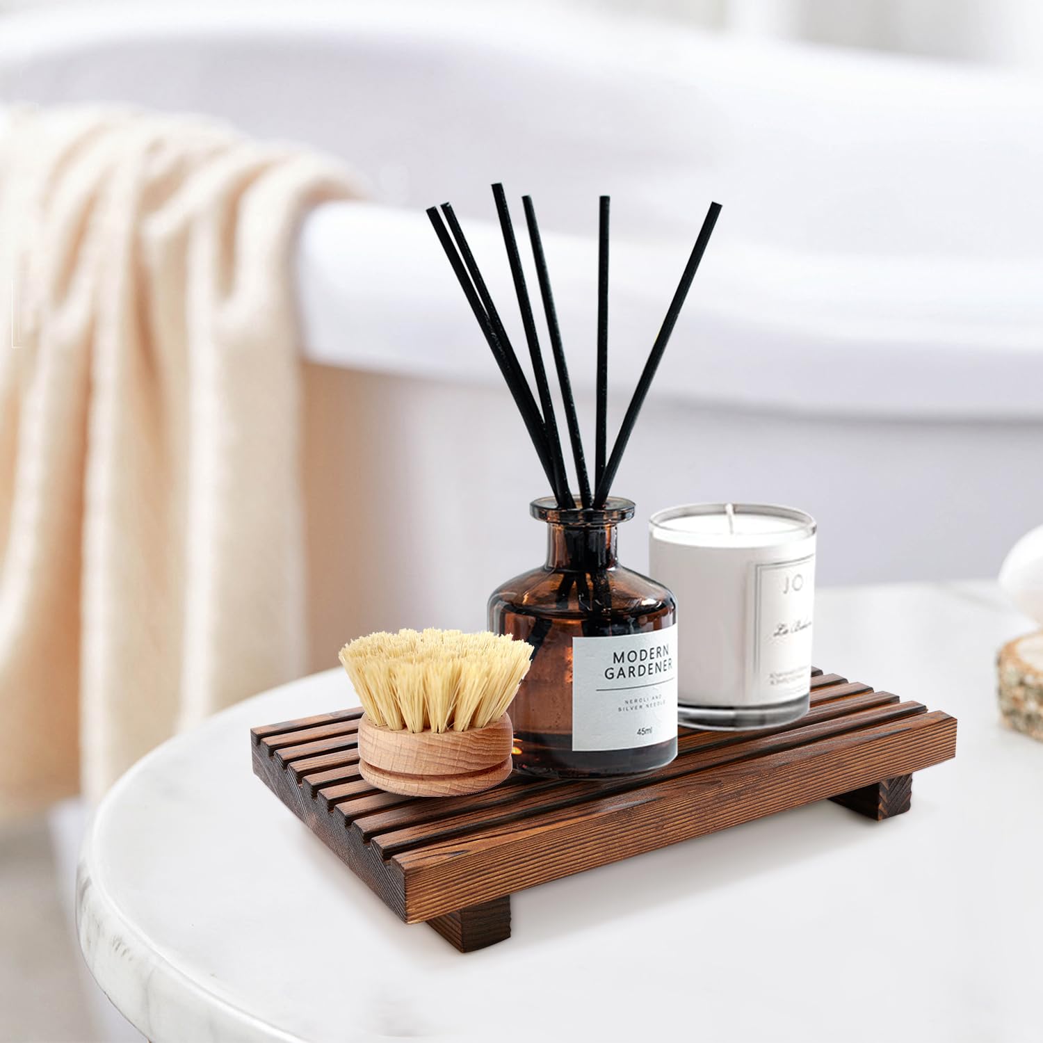 Farmhouse Bathroom Counter Organizer Wooden Display Pedesta Stand Small Kitchen Countertop Trays Decorative Wood Riser Dish Soap