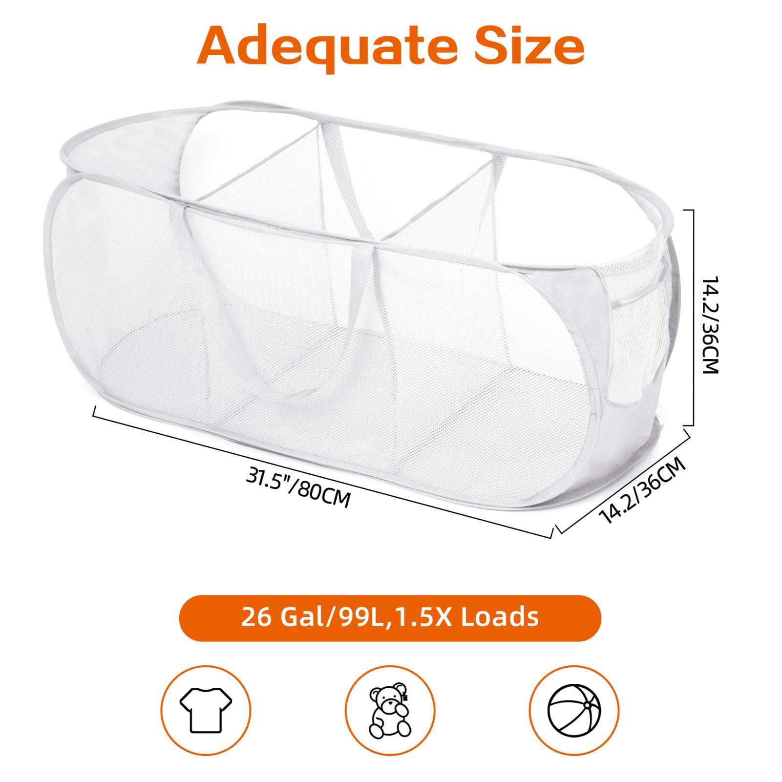 Durable Collapsible Laundry Baskets, Foldable Mesh Pop Up Laundry Basket, 3 Compartments Laundry Hamper, Easy To Carry & Sort Cl