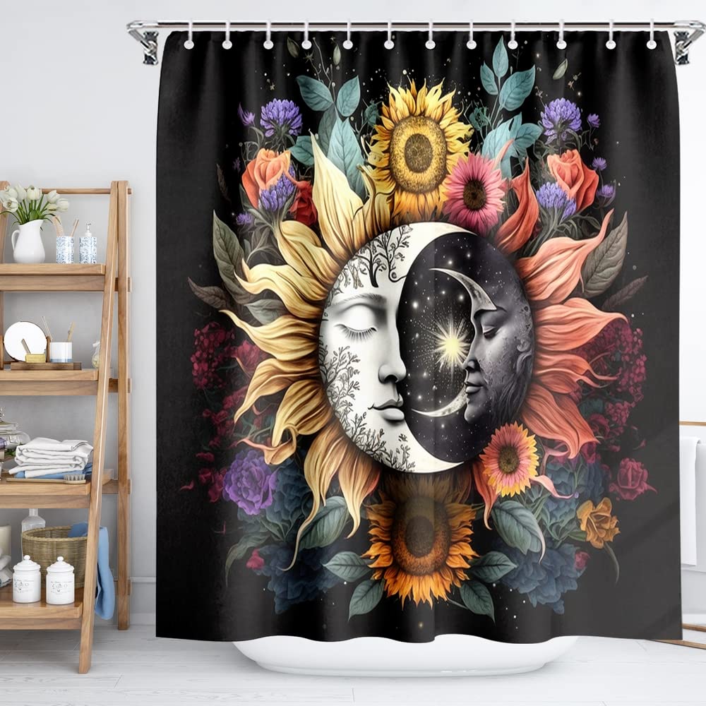 Reateforin Boho Mid Century Shower Curtain Celestial Sun Moon Love Stars Fantasy Galaxy Mushroom Shower Curtains Sunflower Plant