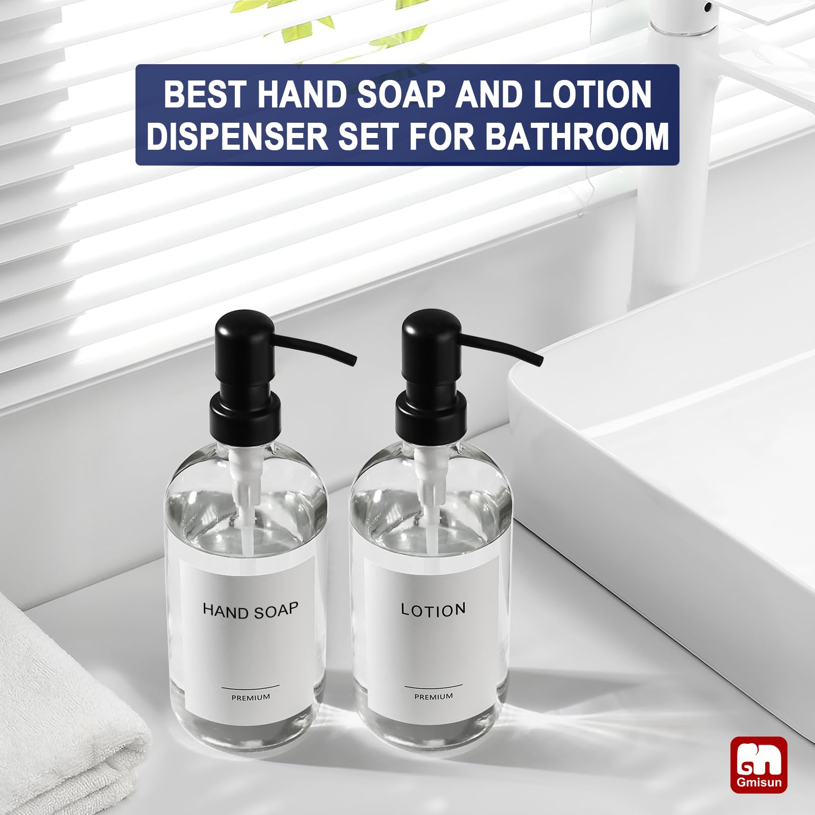 Gmisun Glass Soap Dispenser With Pump, 2 Pack Clear Bathroom Hand Soap Dispenser With Stainless Steel Pump, 16 Oz Refillable Kit