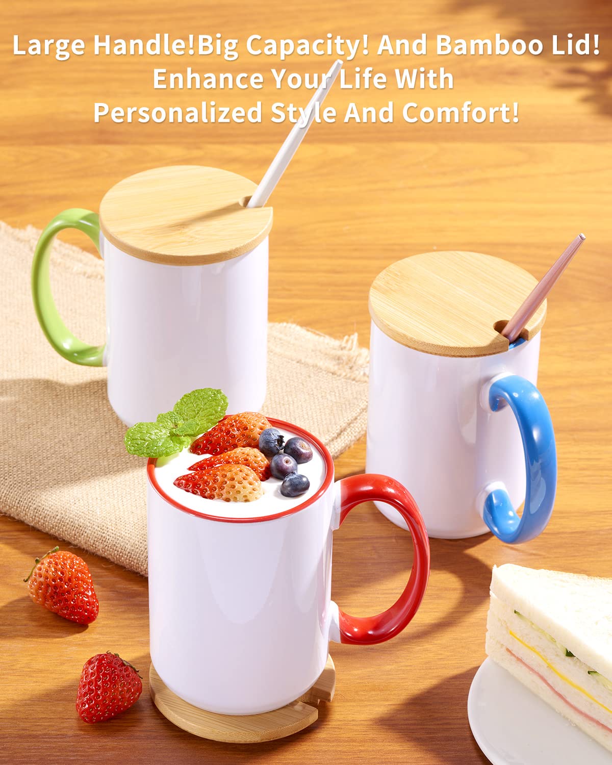 RAINBOWTIE Sublimation Mugs Set of 12  15 oz Sublimation Mugs Blank with Bamboo Lid  Sublimation Coffee Mugs  Tazas Para Sublimacion  Mug Sets  Coffee Cup with Lid 6 Assorted Colors