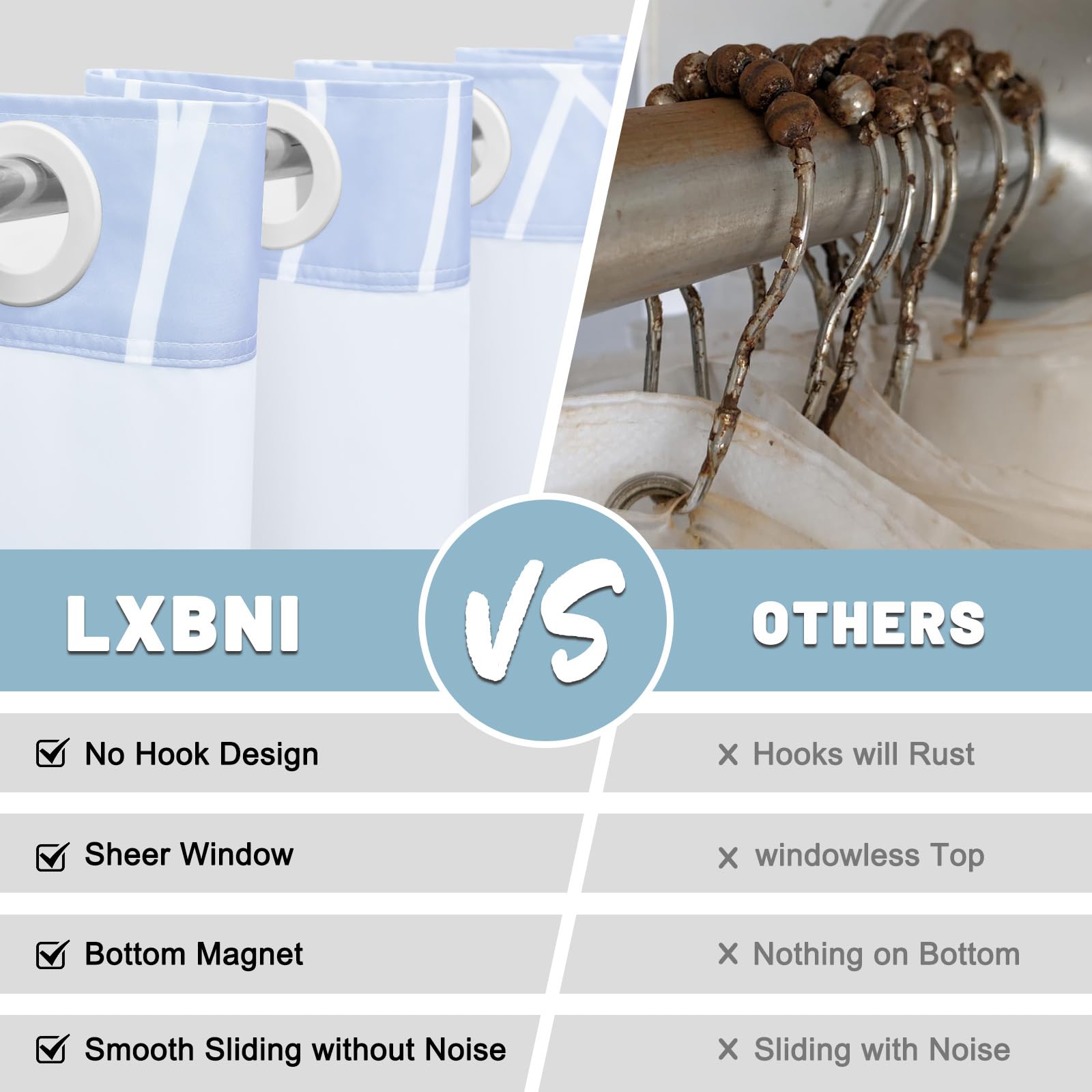 LXBNI No Hook Ombre Blue Striped Shower Curtain with Snap in Fabric Liner Set - Hotel Shower Curtain and Liner Set with See Through Mesh Top Window Machine Washable  71x74 INCH