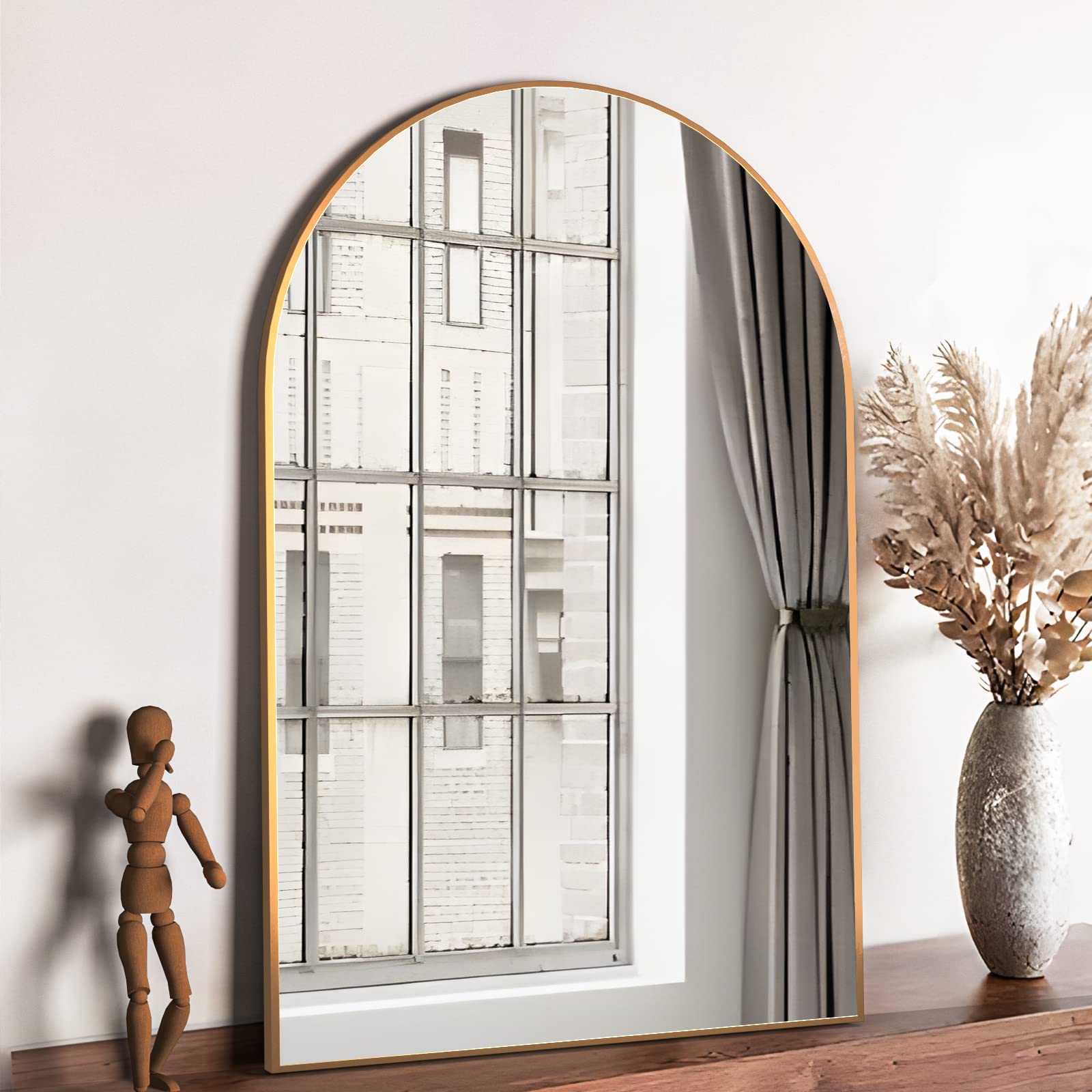 Neuweaby Wall Mounted Mirror, Arched Wall Mirror For Bathroom, 24''X36'' Arch Bathroom Mirror With Metal Frame, Gold Vanity Mirr