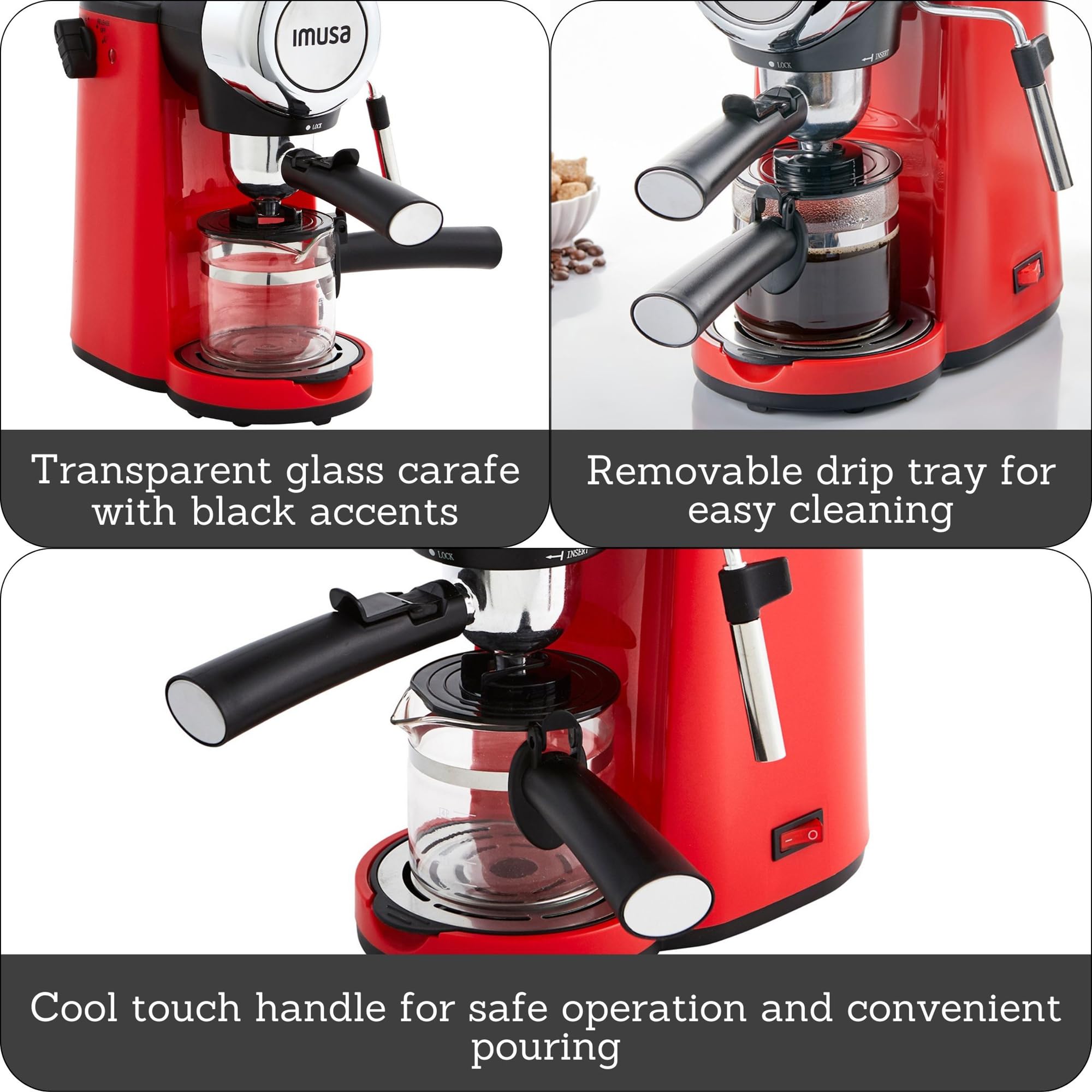 Imusa 4 Cup Epic Electric Espresso/Cappuccino Maker (Cafe Cubano, Cortadito, Colada, Cafe Con Leche), Red
