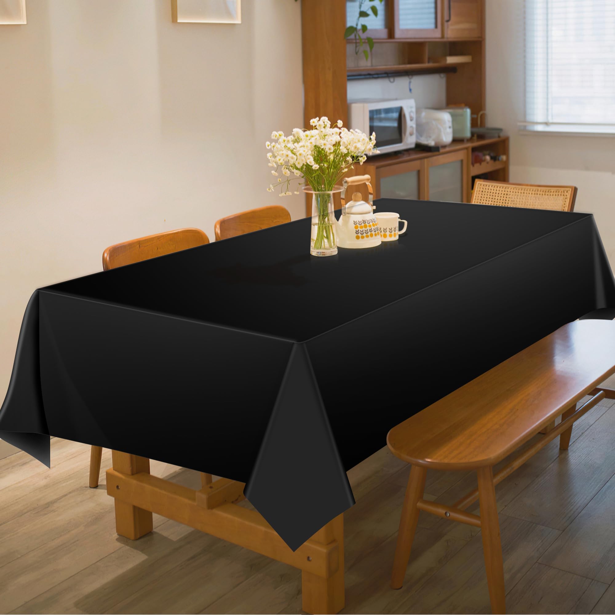 Ohome 4 Pack Plastic Table Cloth Disposable - Black Tablecloths - Black Plastic Tablecloth For 6 To 8 Ft Rectangle Table - Black