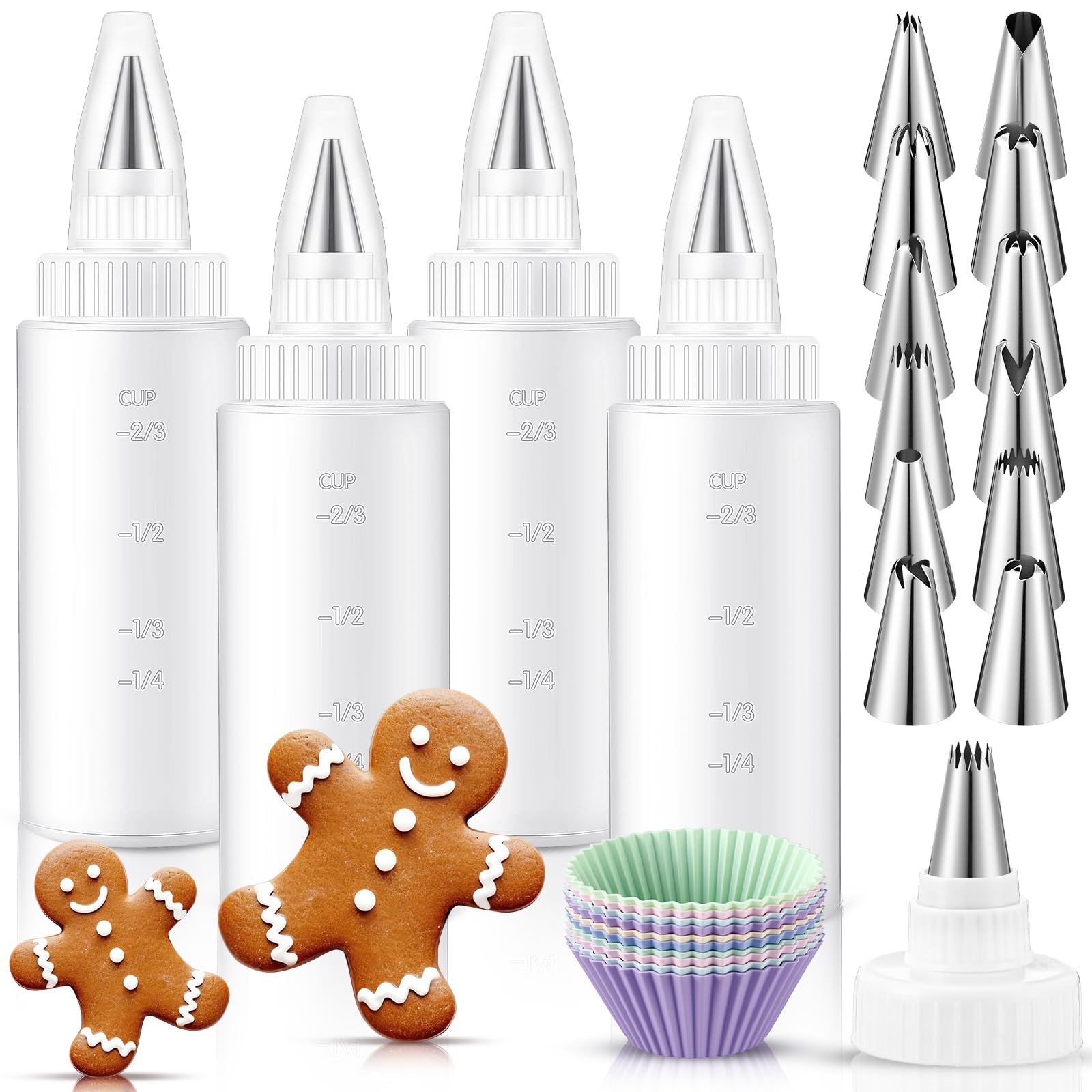 Ferrochef 26 Pcs Icing Bottles Include 4 Pcs 4oz Plastic Squeeze Bottles with 12 Different Piping Tips and 10 Silicone Cupcake f