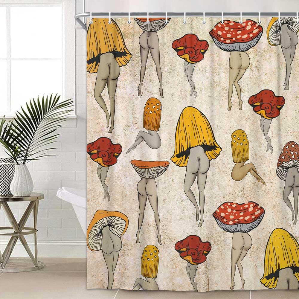 Lacoiime Funny Mushroom Shower Curtain, Retro Mushrooms Butt Shower Curtains For Bathroom Cute Fabric 70S Hippie Cottagecore Bat