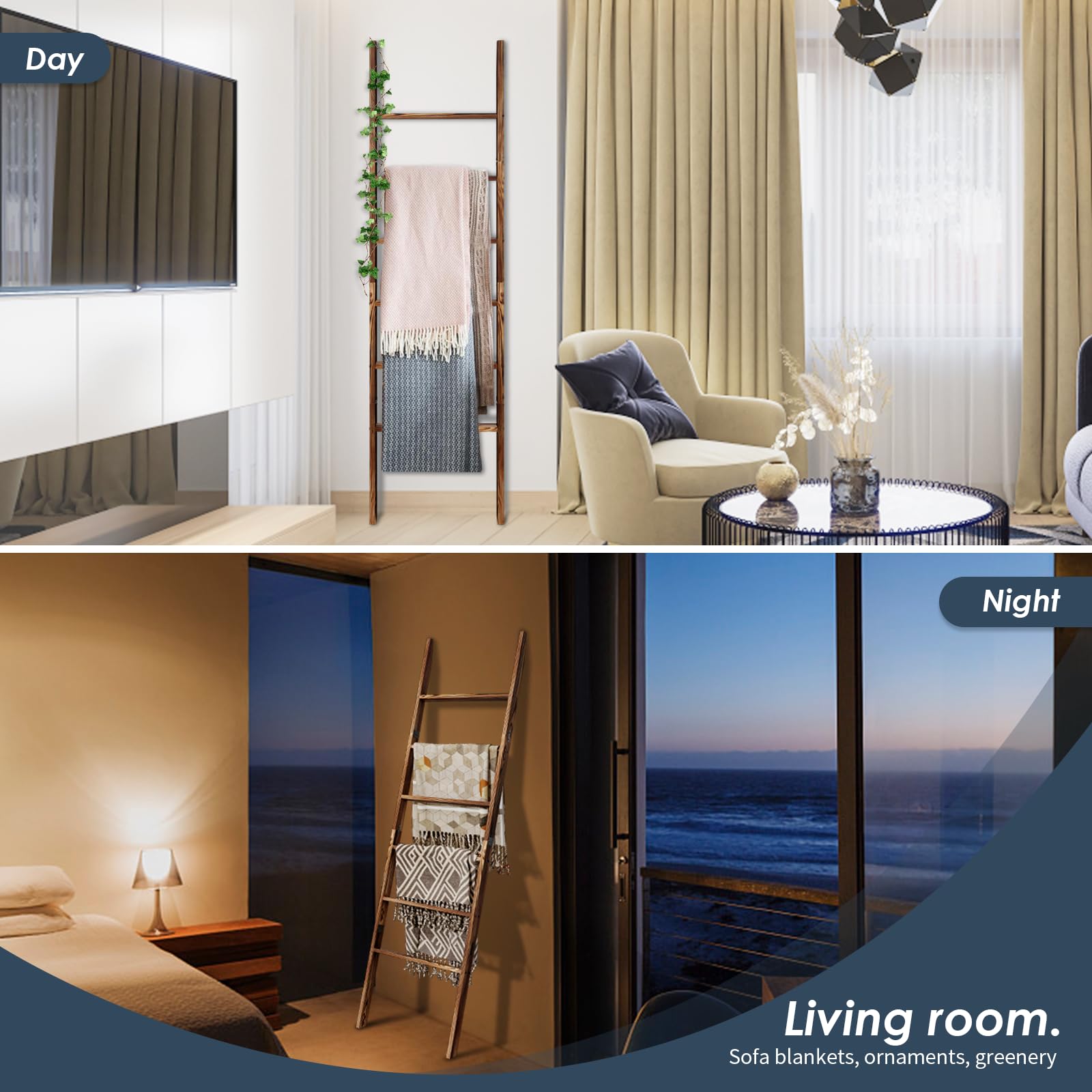 6-Tier Blanket Ladder Wooden, 5.7Ft(66.5'') Blanket Quilt Towel Holder Rack Decorative Ladder, Easy Assembly, Rustic Farmhouse L