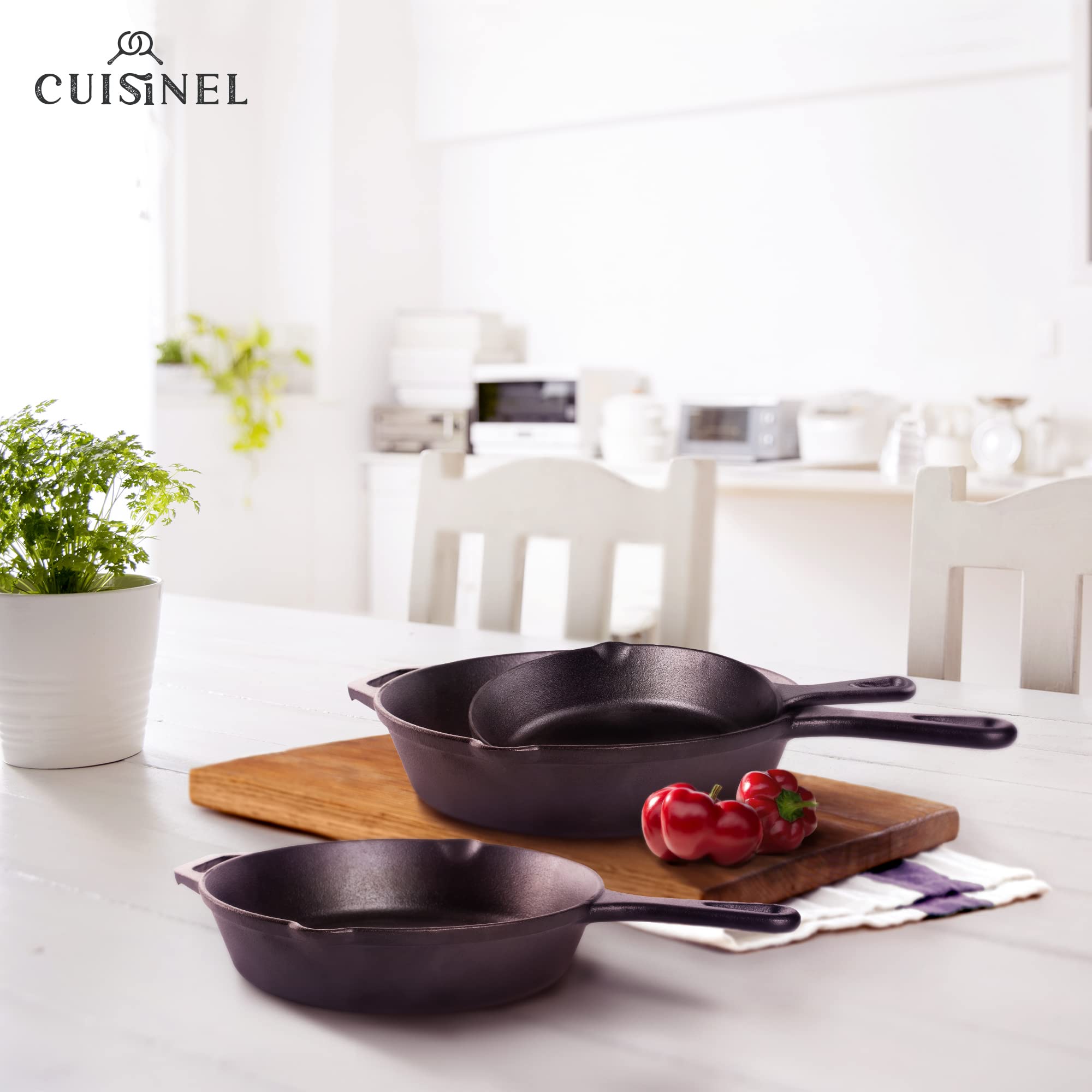 Cuisinel Cast Iron Skillet Set - 8 + 10 + 12-Inch Pre-Seasoned Frying Pans + Silicone Handle Grip Covers - Indooroutdoor, Oven,