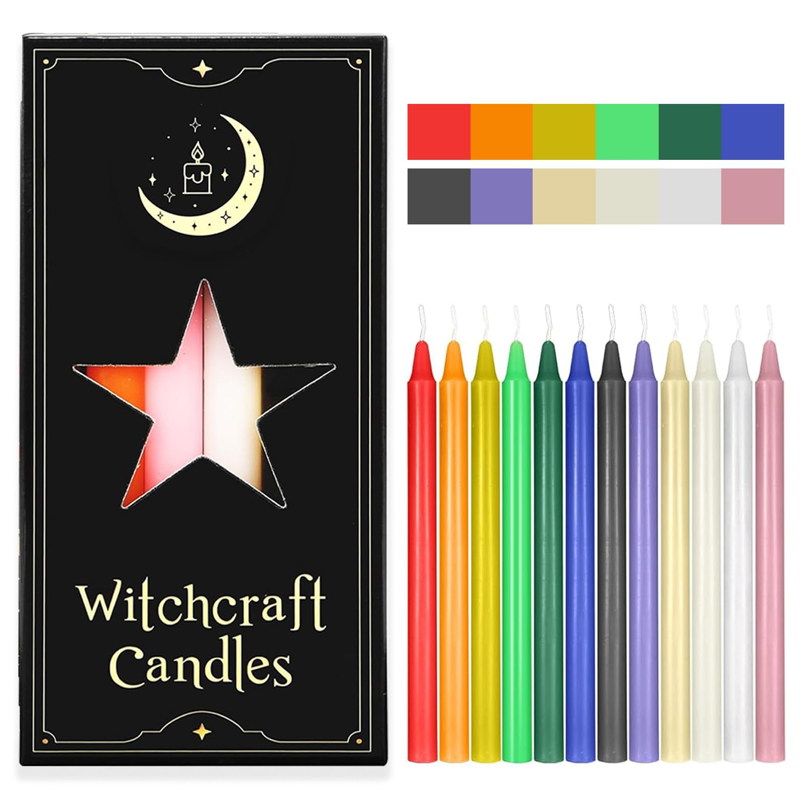 Likejarcand 12 pcs Colored Candle Chime Candle,Spell Candle Unscented Colored Candles Mini Taper,16cm-6.5Inch Tall 0.4 Inch Diam