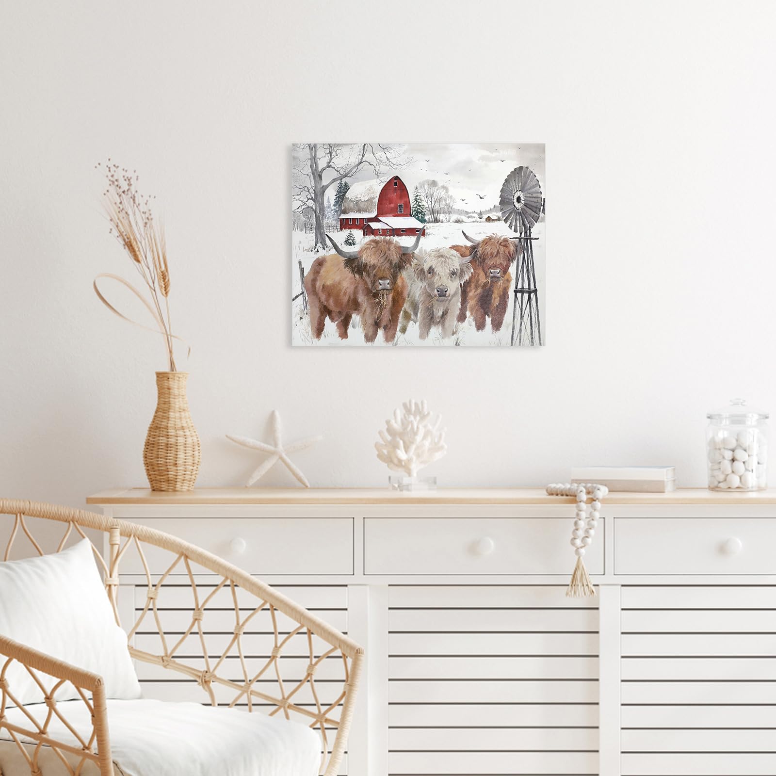 Highland Cow Pictures Christmas Decor: Merry Christmas Wall Art Cow Paintings Farmhouse Decor Rustic Barn Canvas Prints Winter F
