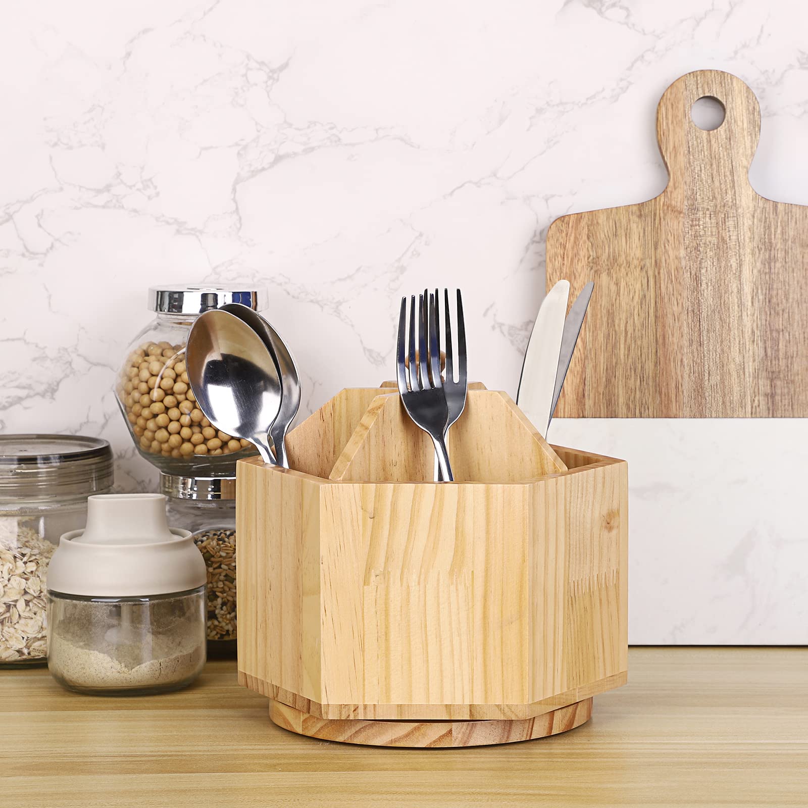 Juxyes Rotating Utensil Holder For Kitchen Countertop, Wood Utensil Organizer With Removable Divider, Rotatable Flatware Caddy C