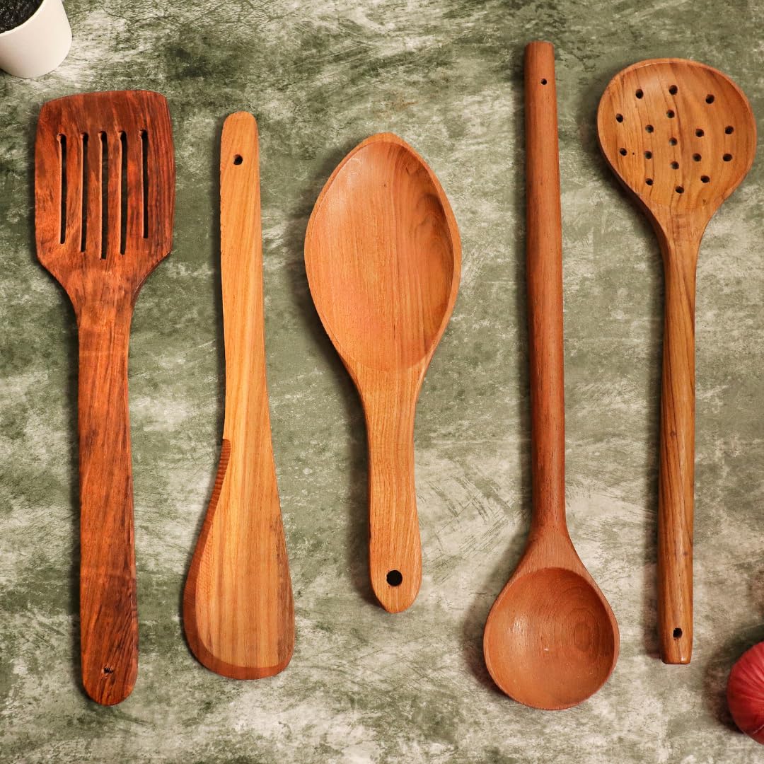 Kitchen 101 Wooden Karchi For Cooking | Spatula Set Of 5 | Ladle For Cooking Dosa  Roti  Chapati | Kitchen Tools | No Harmful 