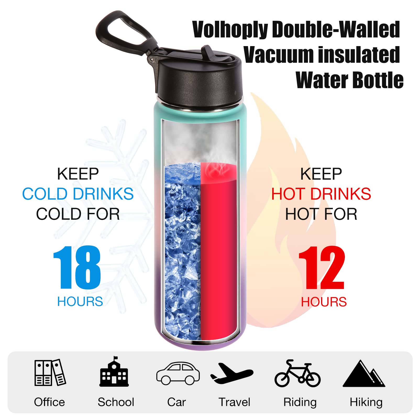 Volhoply 22 oz Insulated Water Bottles with Straw Lid  Stainless Steel Sports Bottle with Handle  Double Walled Vacuum Metal Travel Water Thermos  Reusable Water Flask for School(Gradient Color 1 Set)