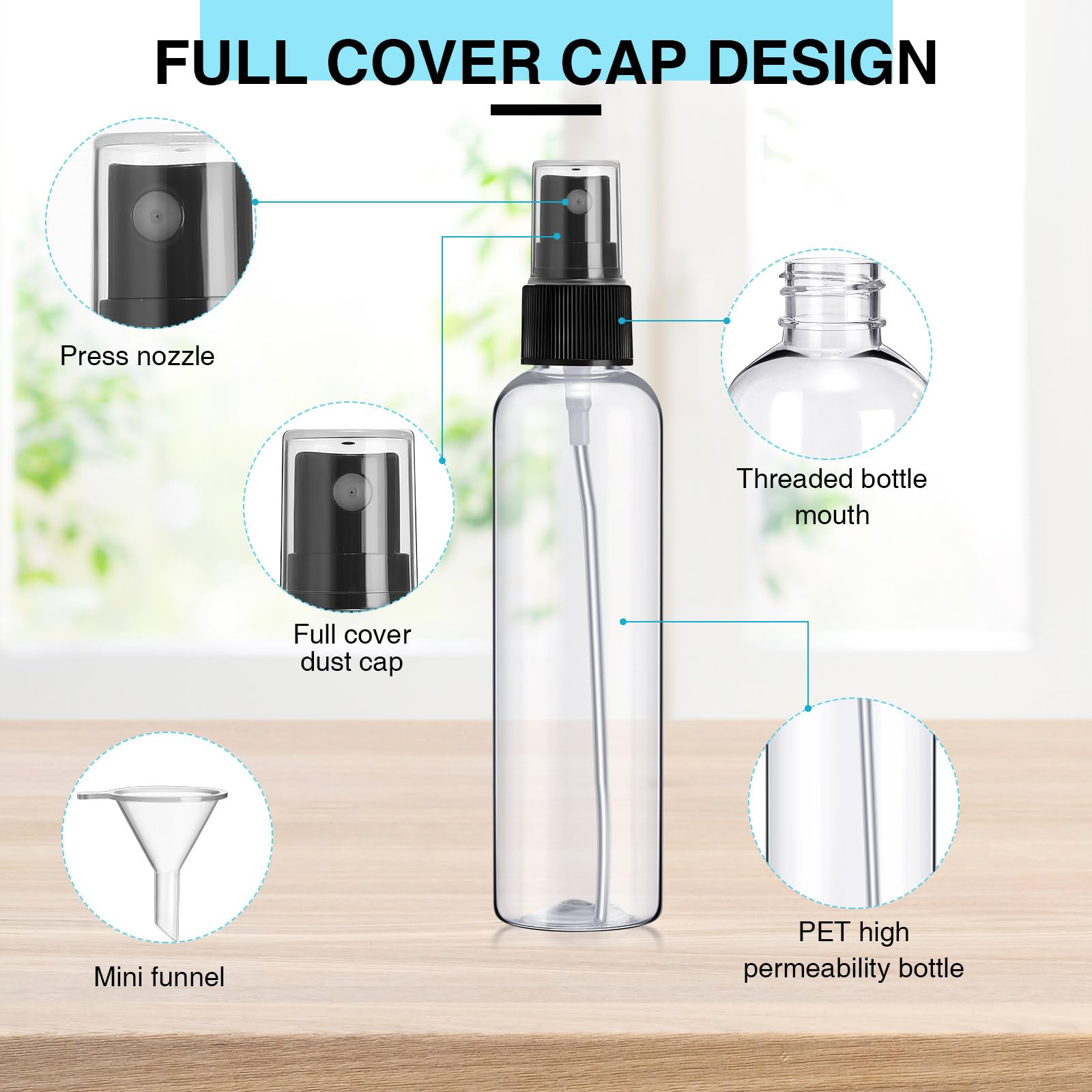 Layhit 100 Pcs Small Spray Bottles 4 Oz/120Ml Clear Plastic Spray With 5 Pcs Small Funnels Mini Empty Fine Mist Bottles For Esse